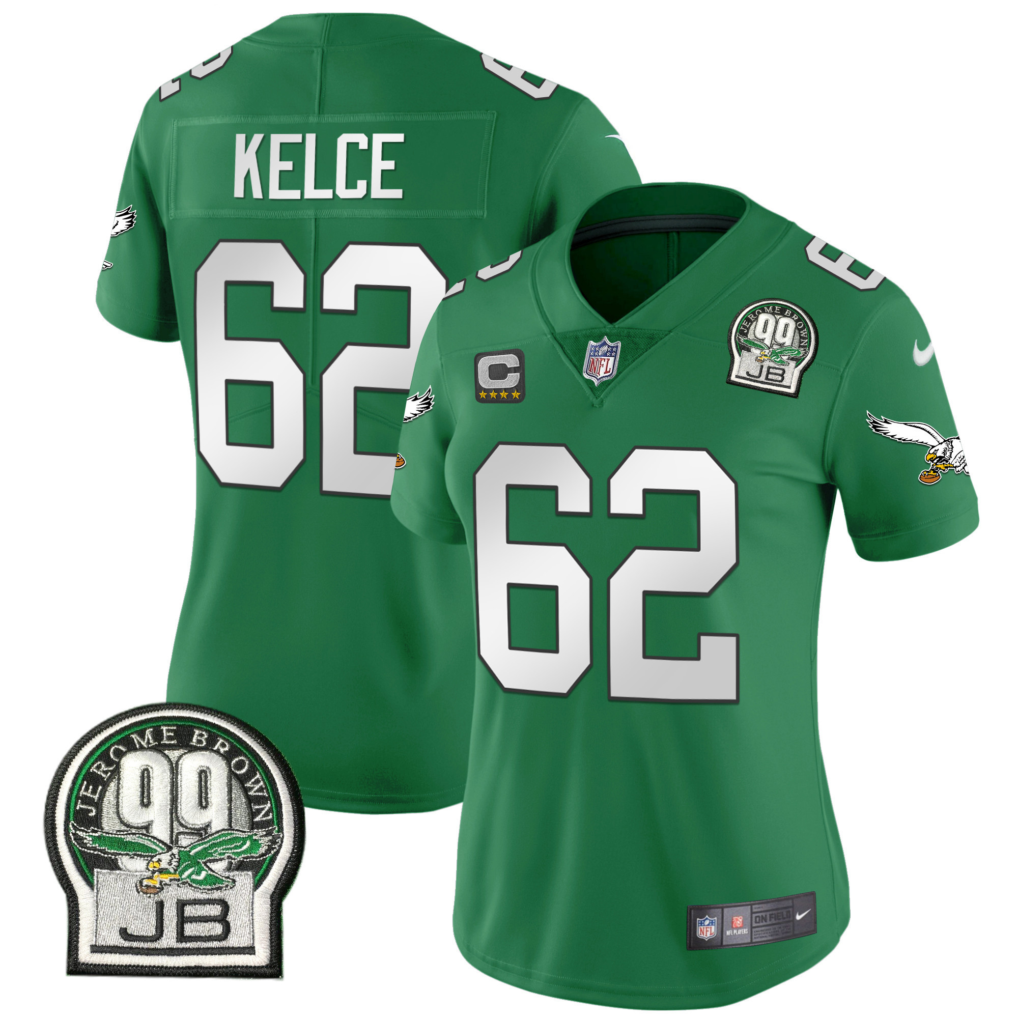 Jason Kelce Women's Philadelphia Eagles Jerome Brown Patch Kelly Green Alternate V2 Jersey - All Stitched