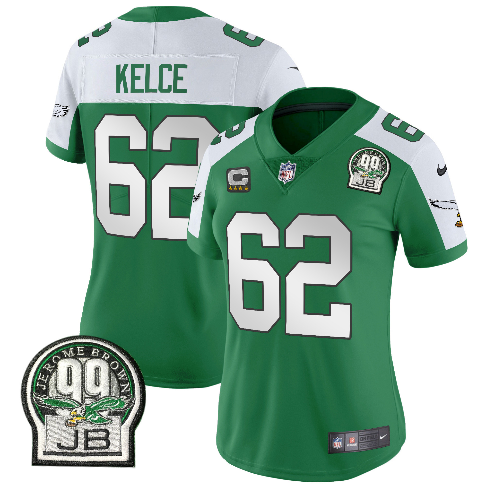 Jason Kelce Women's Philadelphia Eagles Jerome Brown Patch Kelly Green Alternate V2 Kelly Alternate Jersey - All Stitched