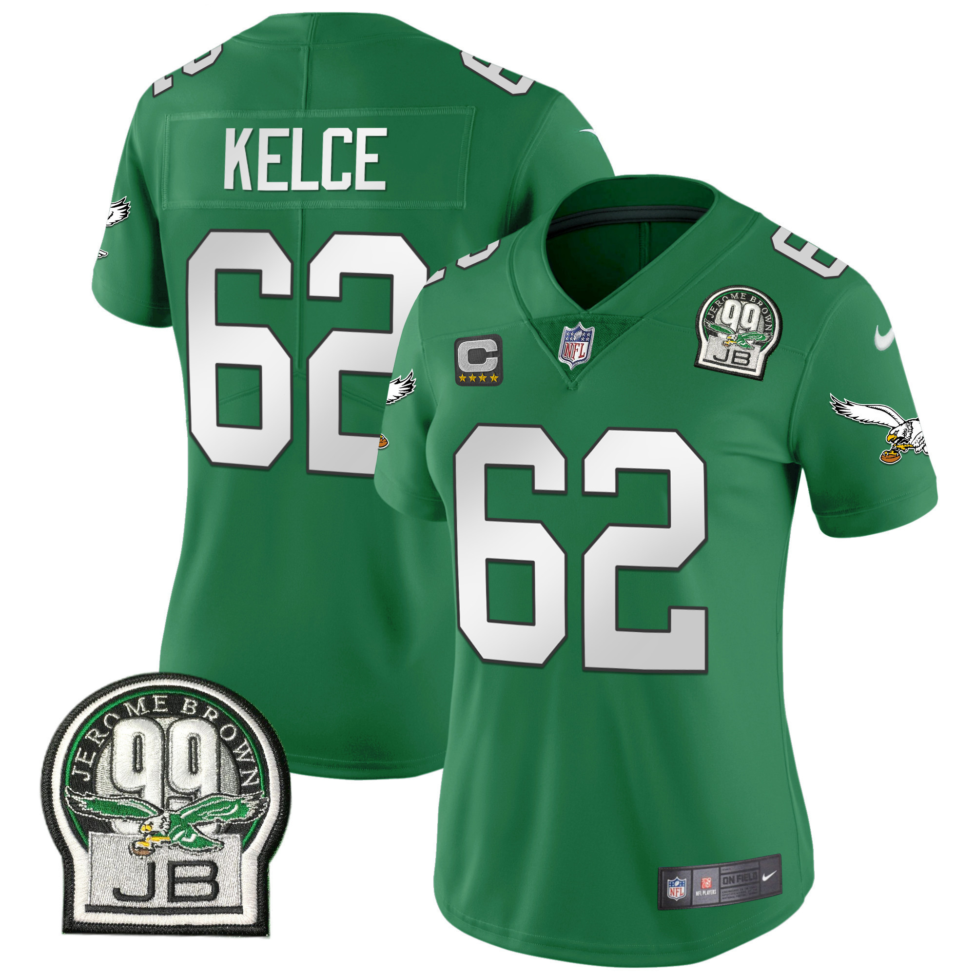 Jason Kelce Women's Philadelphia Eagles Jerome Brown Retired Patch Gold & Kelly Kelly Green Jersey - All Stitched