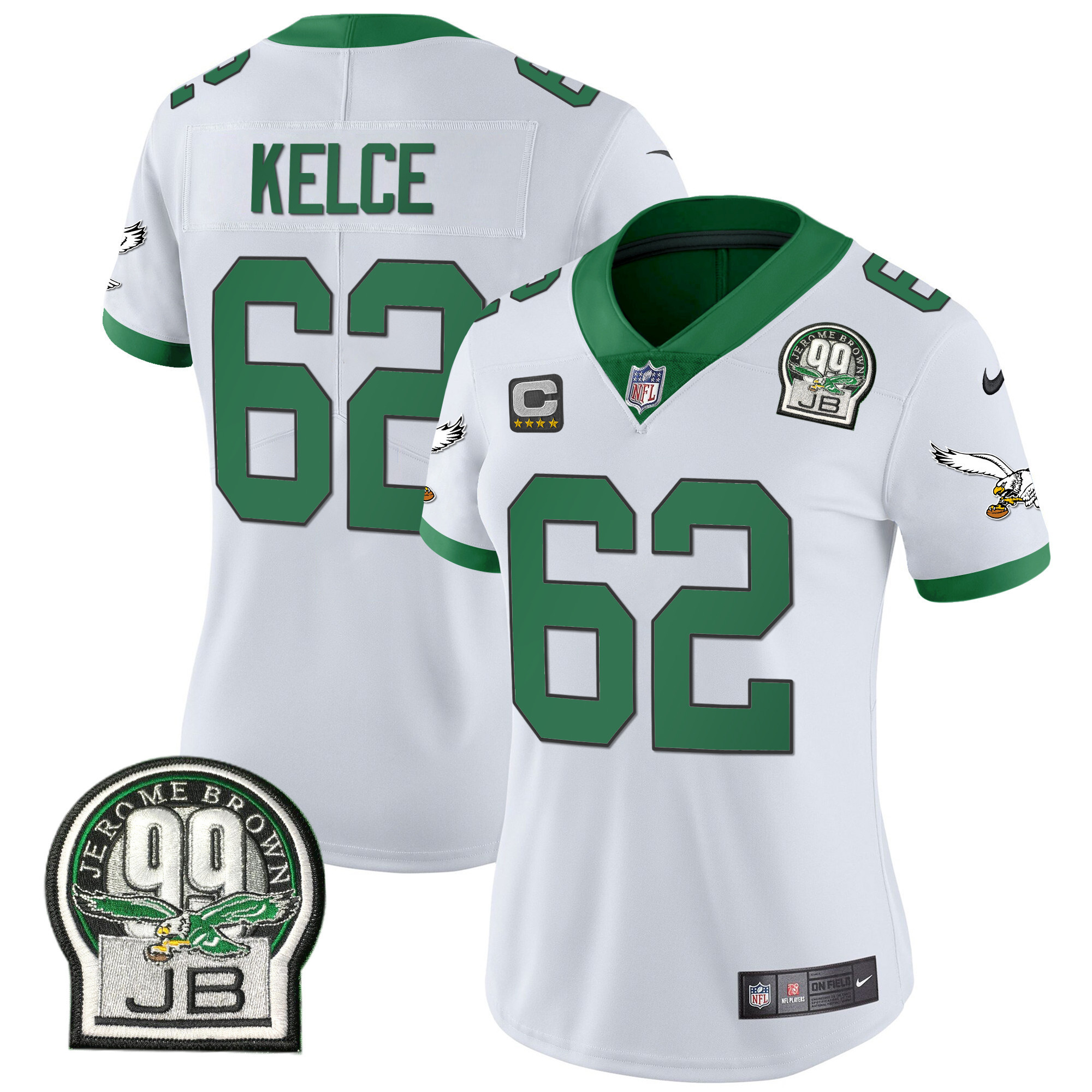 Jason Kelce Women's Philadelphia Eagles Jerome Brown Retired Patch Gold & Kelly Kelly White Jersey - All Stitched