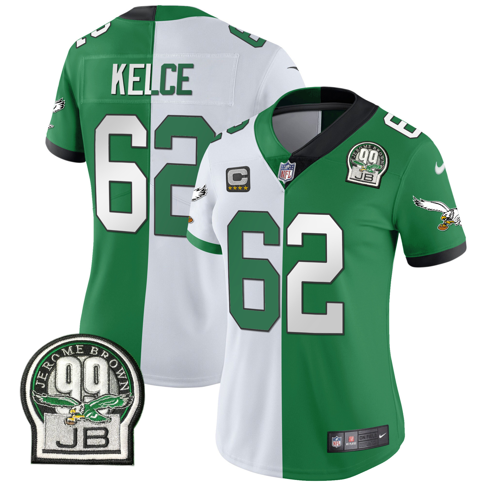 Jason Kelce Women's Philadelphia Eagles Jerome Brown Retired Patch Gold & Kelly Split Jersey - All Stitched