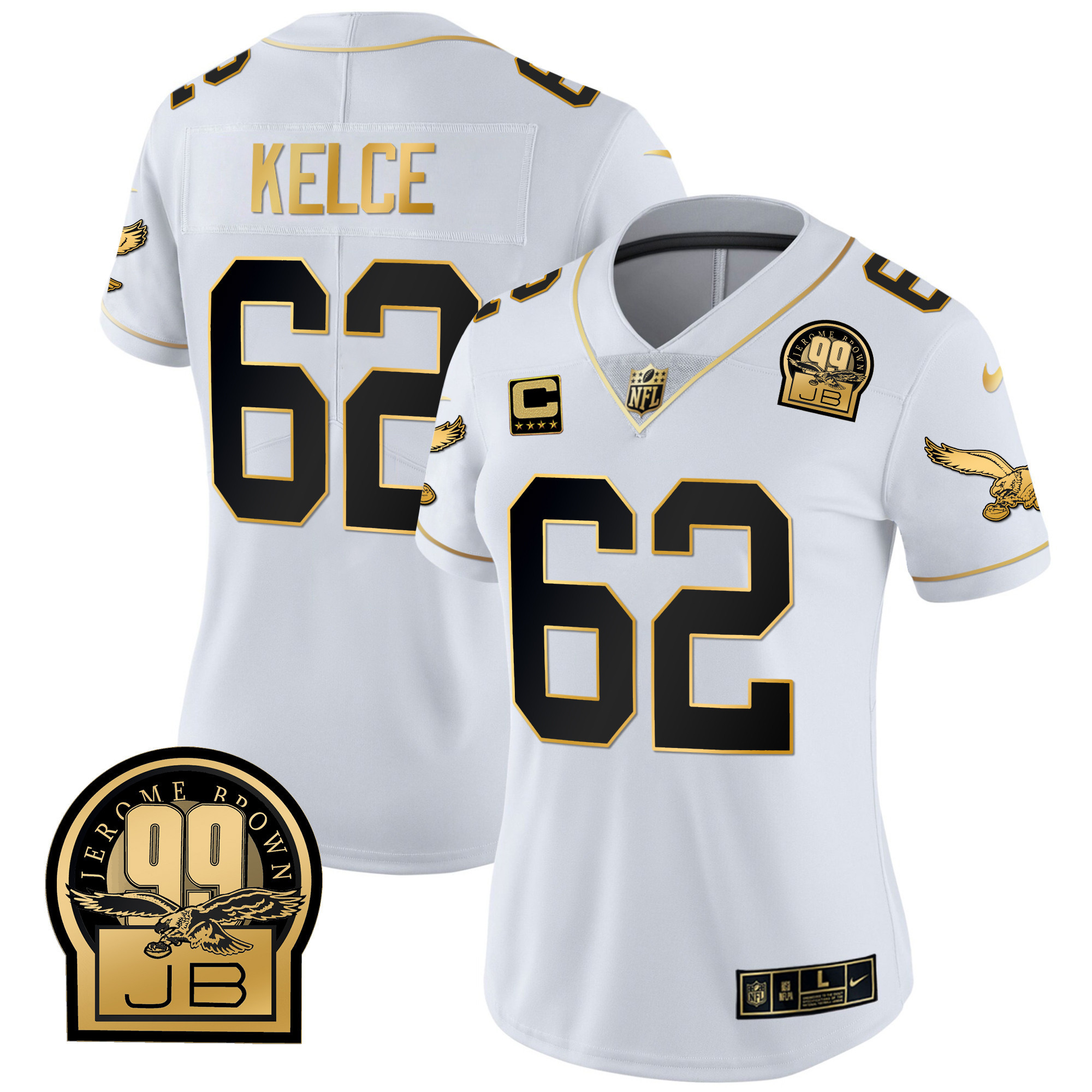 Jason Kelce Women's Philadelphia Eagles Jerome Brown Retired Patch Gold & Kelly White Gold Jersey - All Stitched