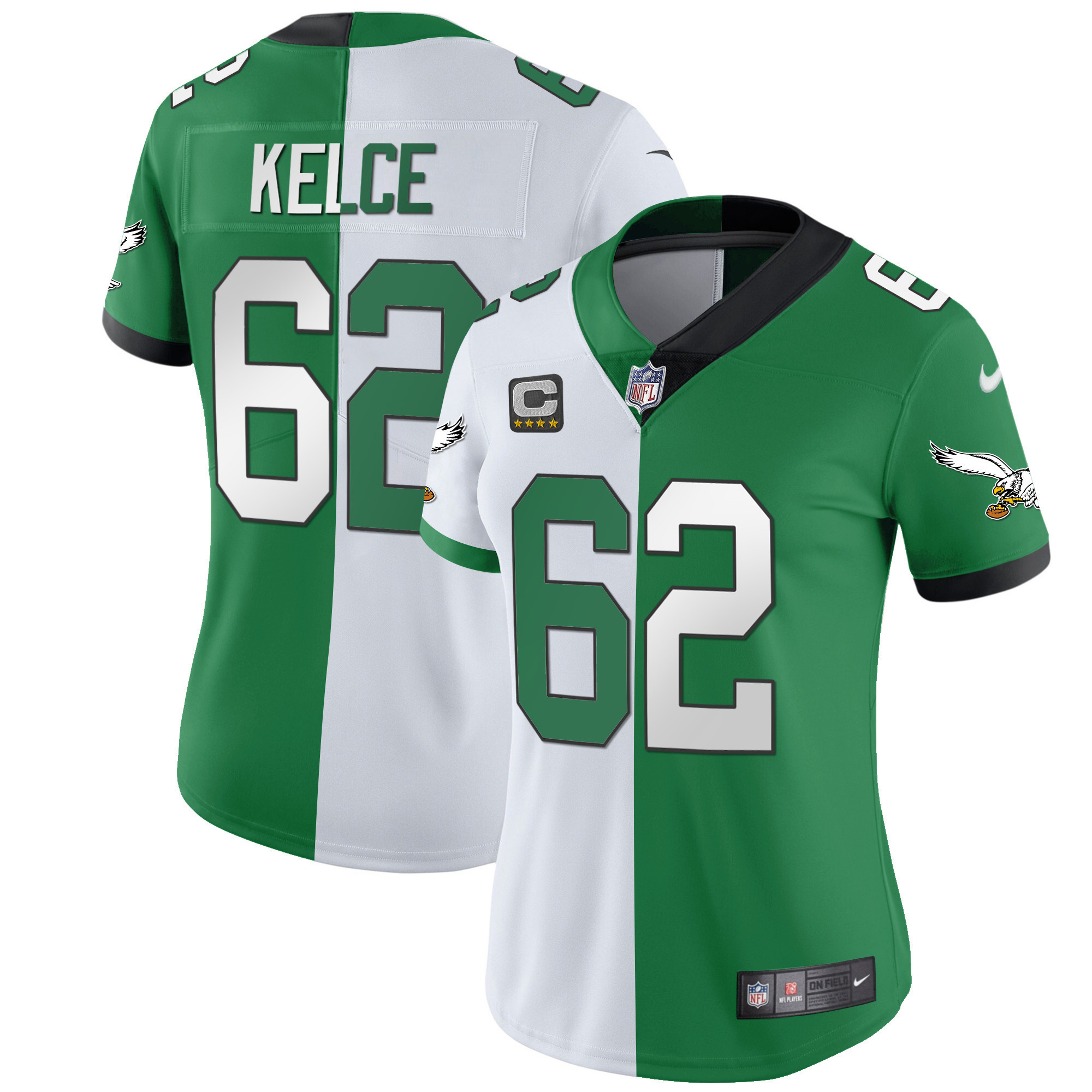 Jason Kelce Women's Philadelphia Eagles Kelly Green Gold Split Jersey - All Stitched