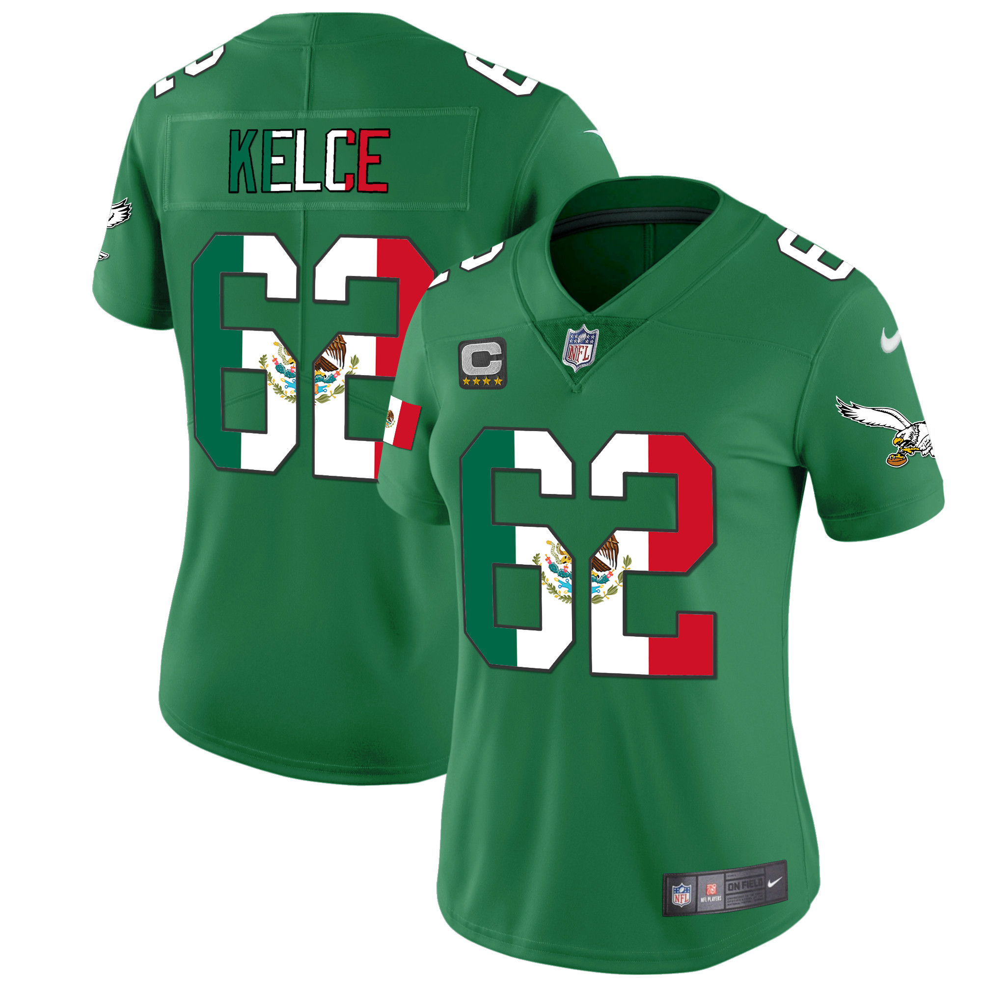 Jason Kelce Women's Philadelphia Eagles Mexico Gold & Kelly Vapor Kelly Green Jersey - All Stitched