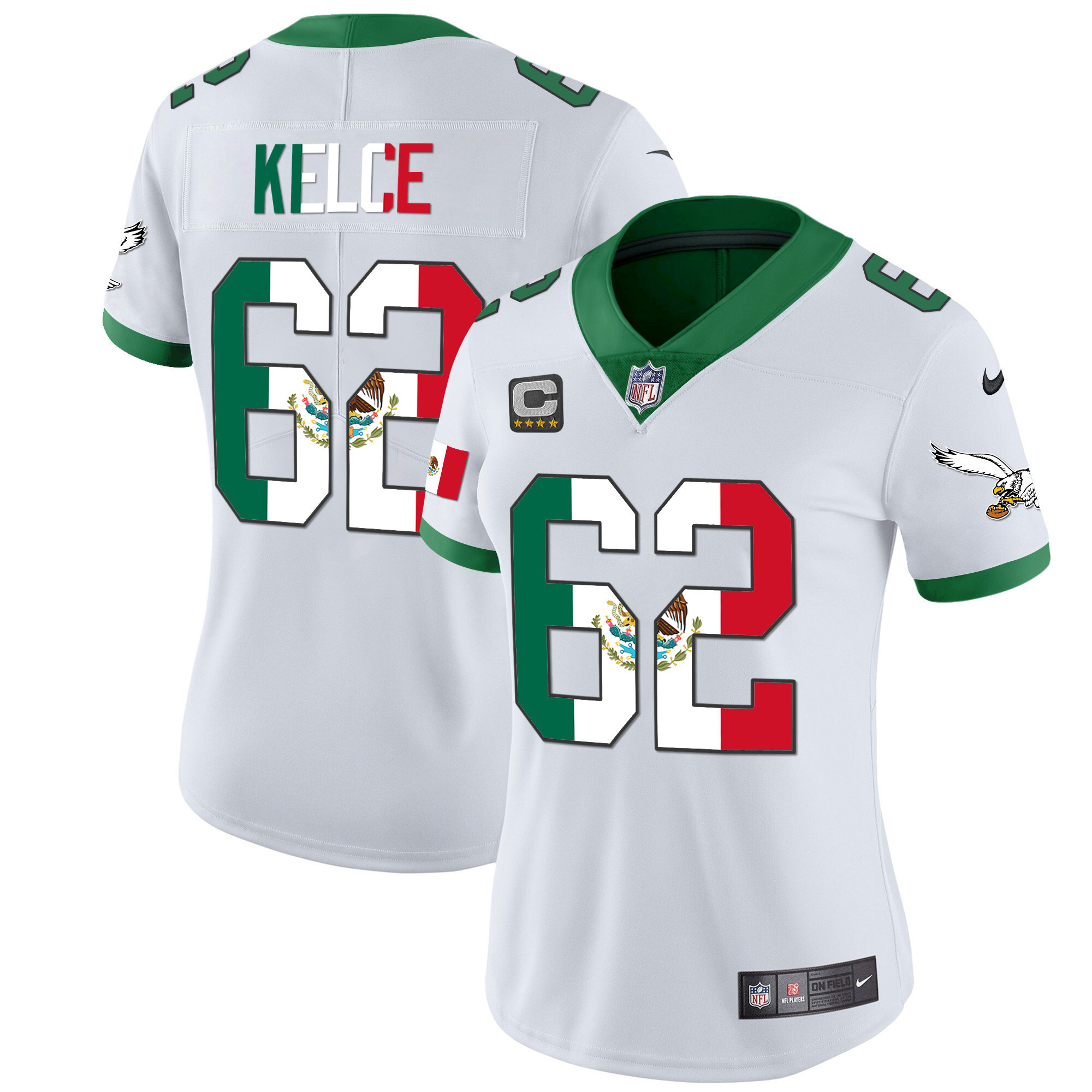Jason Kelce Women's Philadelphia Eagles Mexico Gold & Kelly Vapor Kelly White Jersey - All Stitched