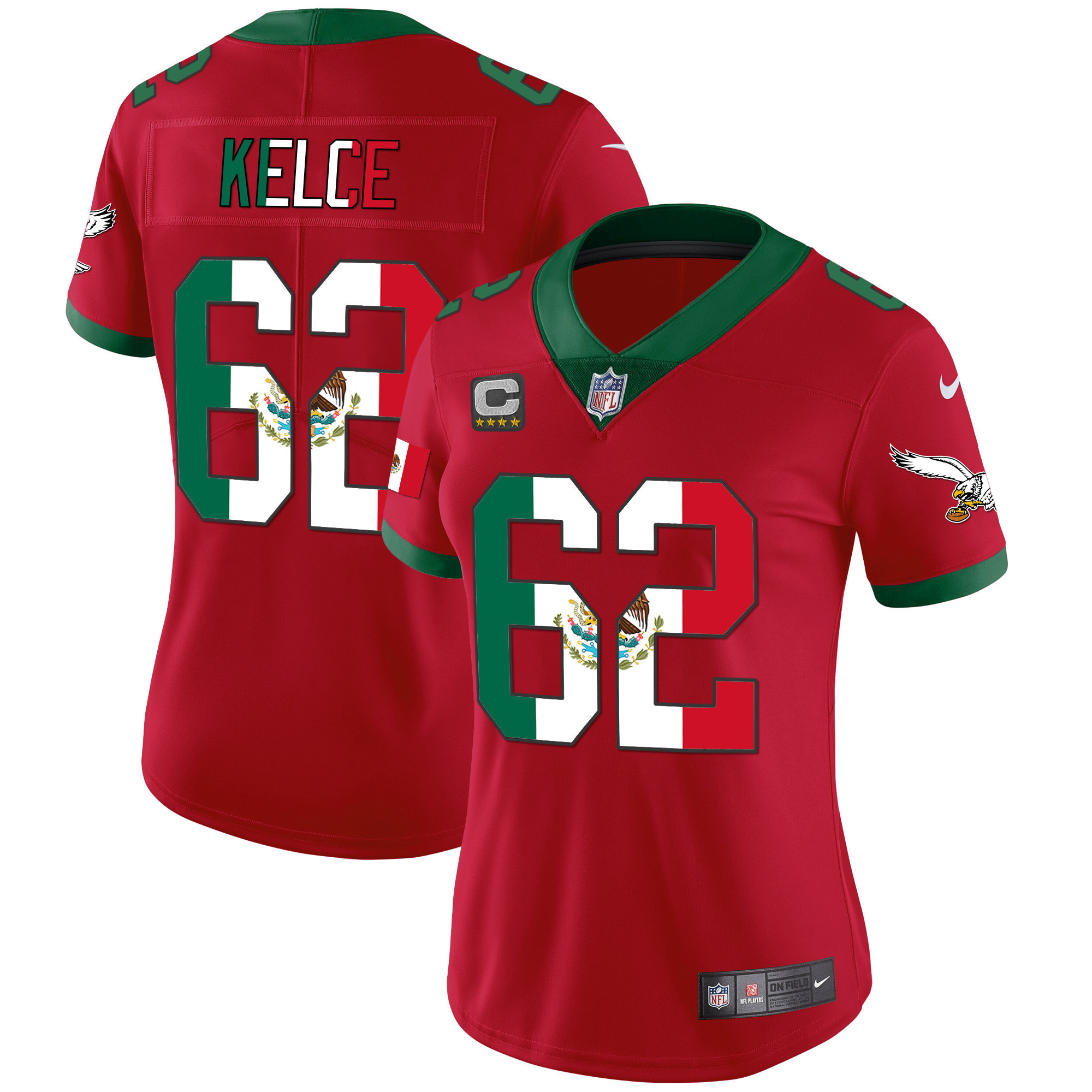 Jason Kelce Women's Philadelphia Eagles Mexico Gold & Kelly Vapor Red Jersey - All Stitched
