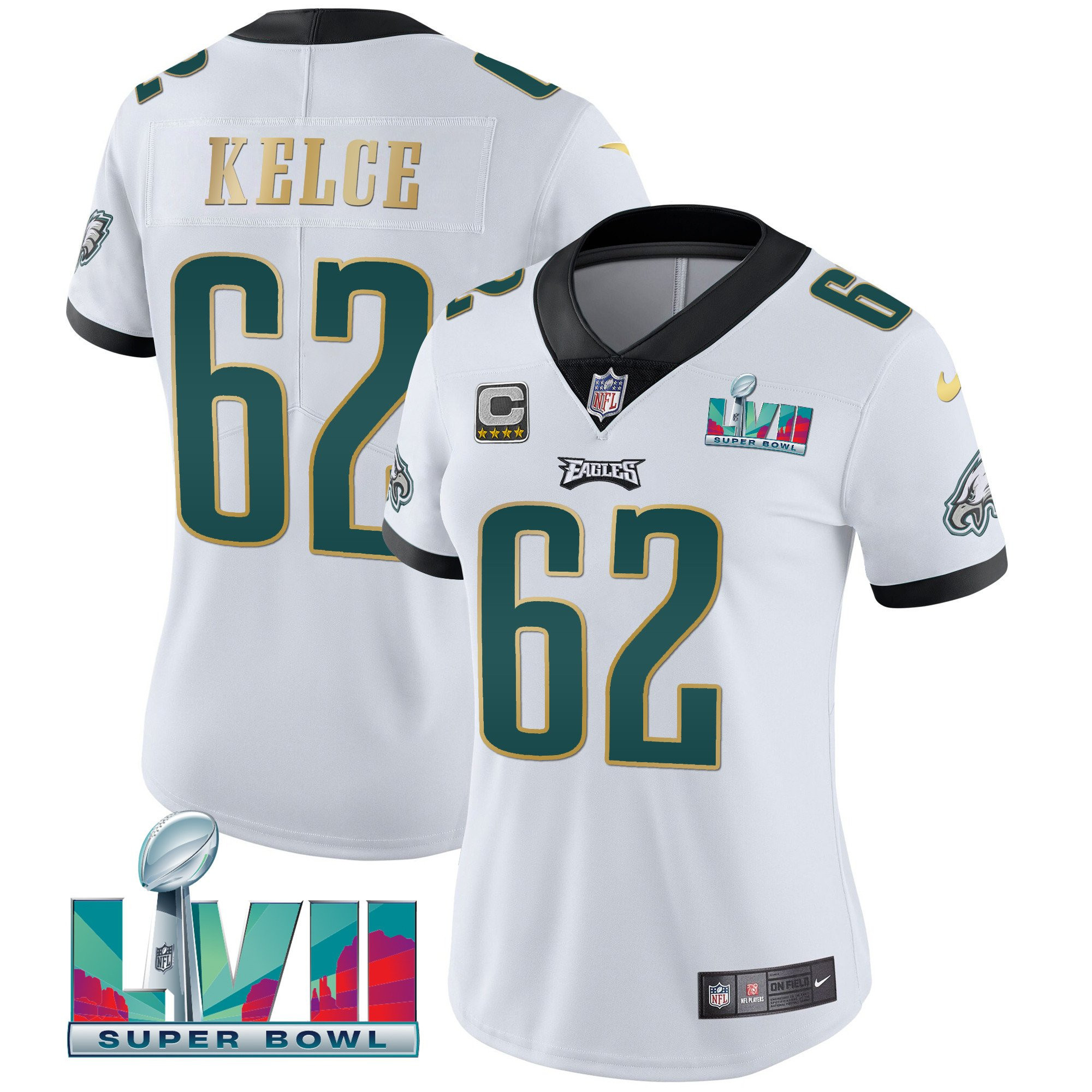 Jason Kelce Women's Philadelphia Eagles Super Bowl LVII Gold Trim White Gold Trim Jersey - All Stitched
