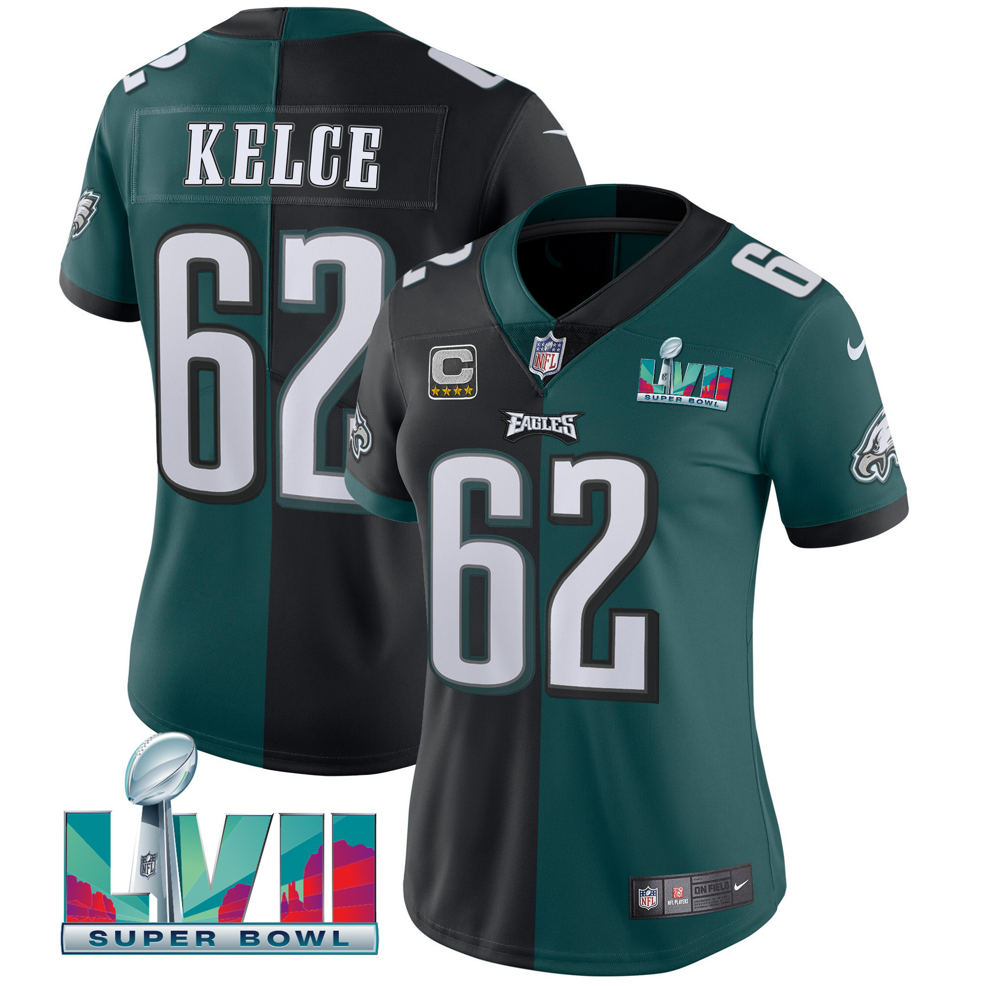 Jason Kelce Women's Philadelphia Eagles Super Bowl LVII Split Split Black Green Jersey - All Stitched