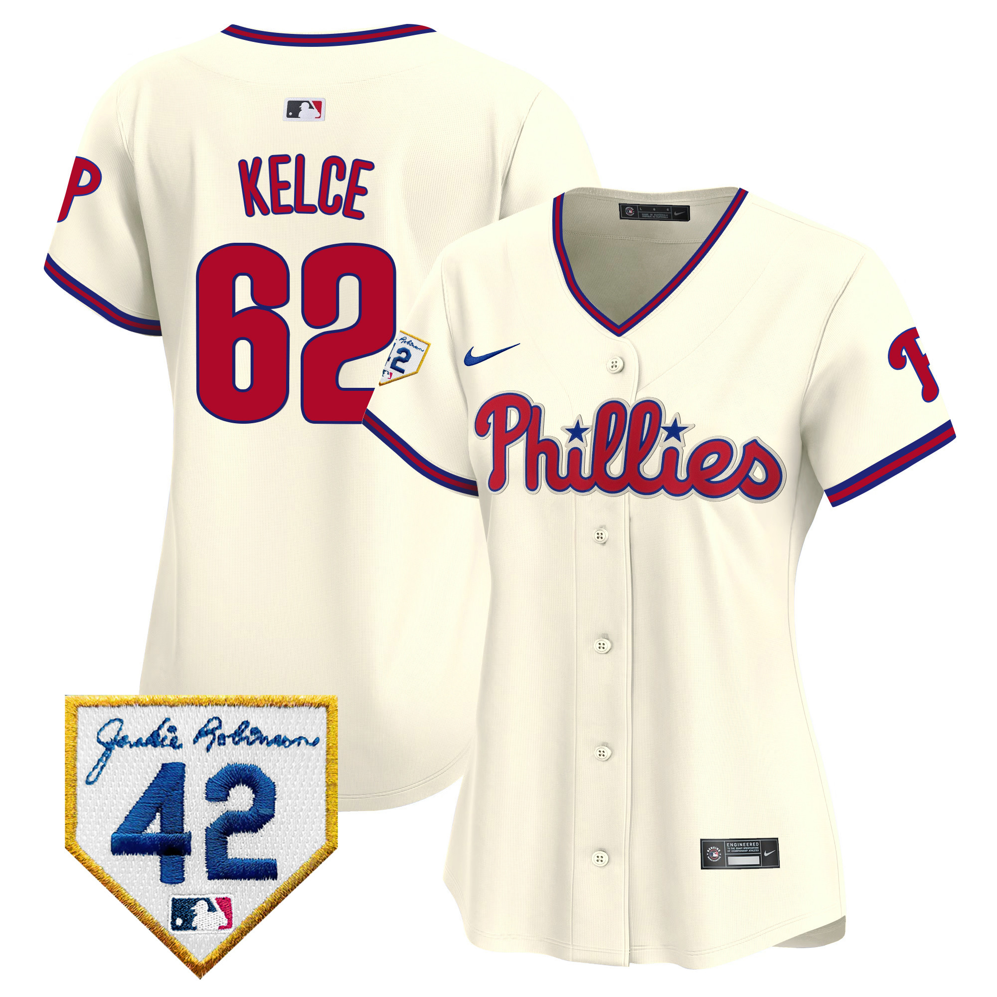 Jason Kelce Women's Philadelphia Phillies 2024 Jackie Robinson Patch Vapor Premier Limited Cream Jersey - All Stitched