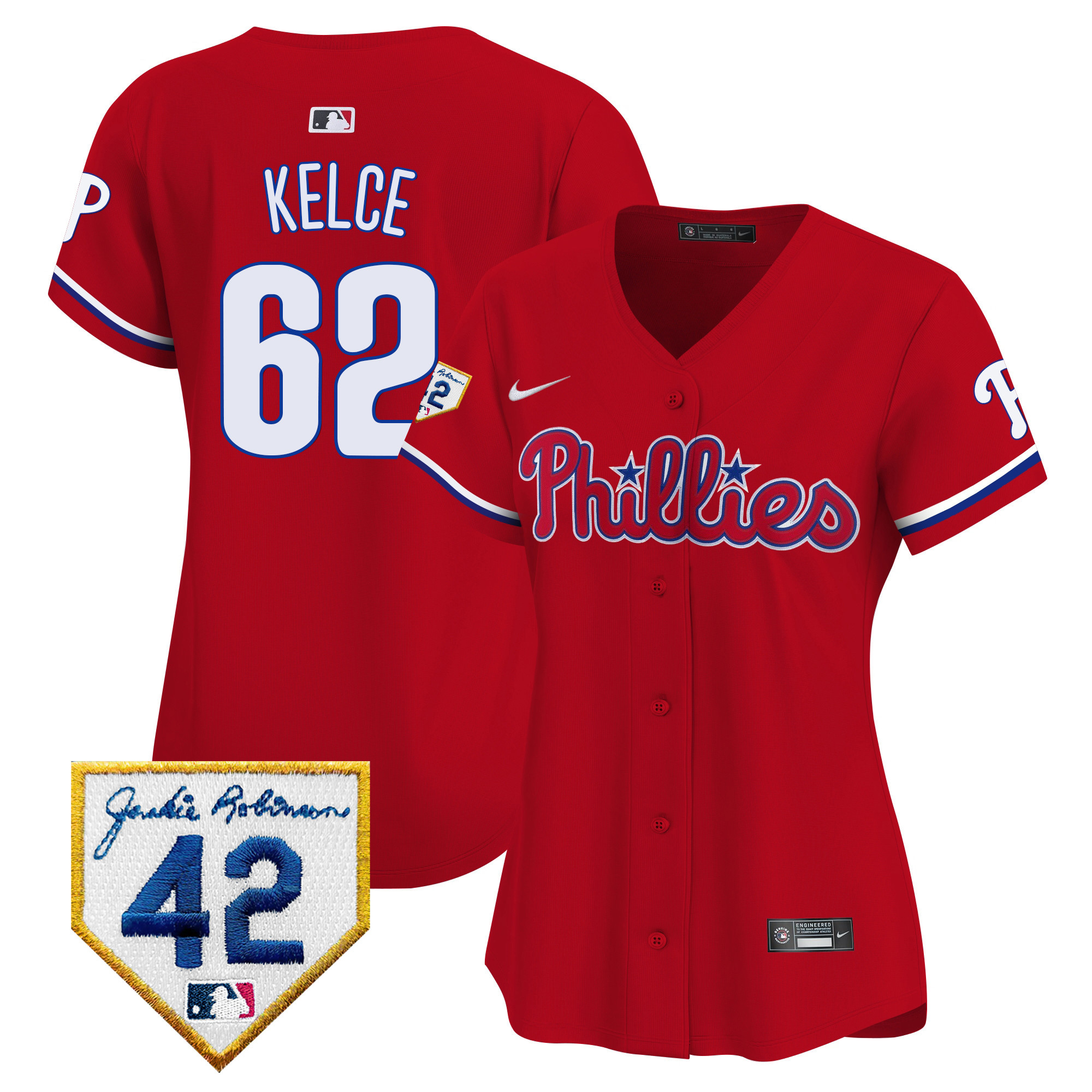 Jason Kelce Women's Philadelphia Phillies 2024 Jackie Robinson Patch Vapor Premier Limited Red Jersey - All Stitched