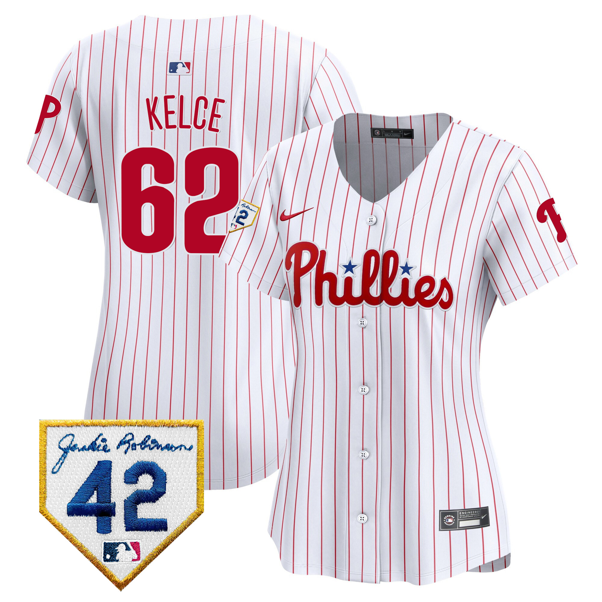 Jason Kelce Women's Philadelphia Phillies 2024 Jackie Robinson Patch Vapor Premier Limited White Jersey - All Stitched