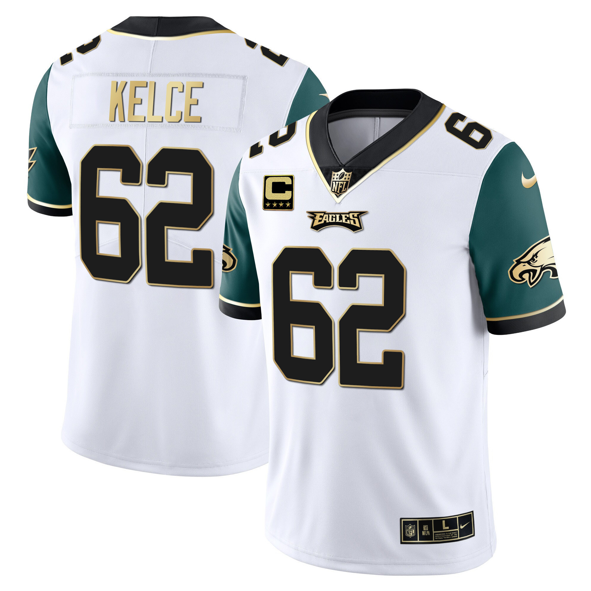 Jason Kelce Youth's Philadelphia Eagles Gold & Split Vapor Midnight Green Sleeves Jersey - All Stitched