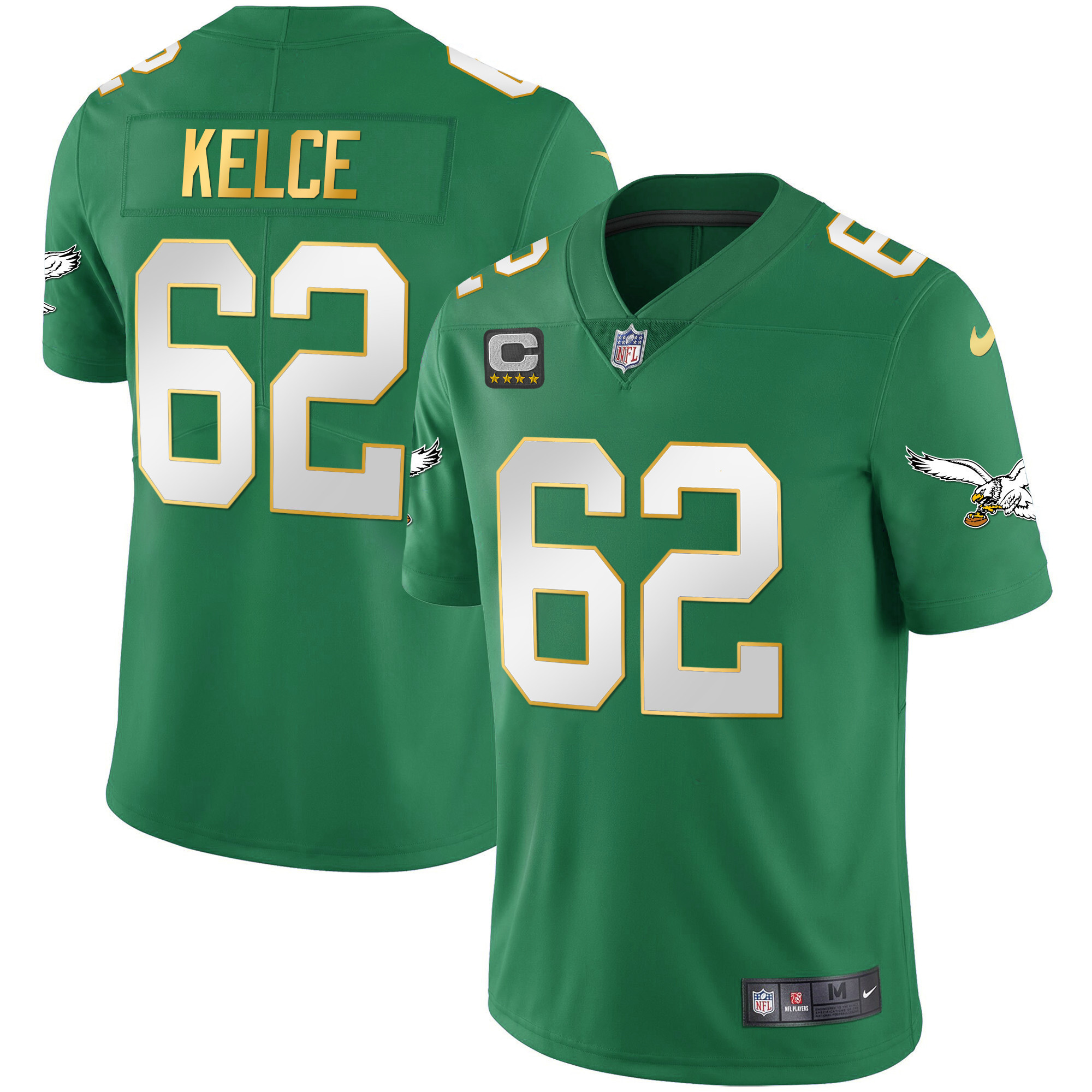 Jason Kelce Youth's Philadelphia Eagles Kelly Green Gold Gold Trim Jersey - All Stitched