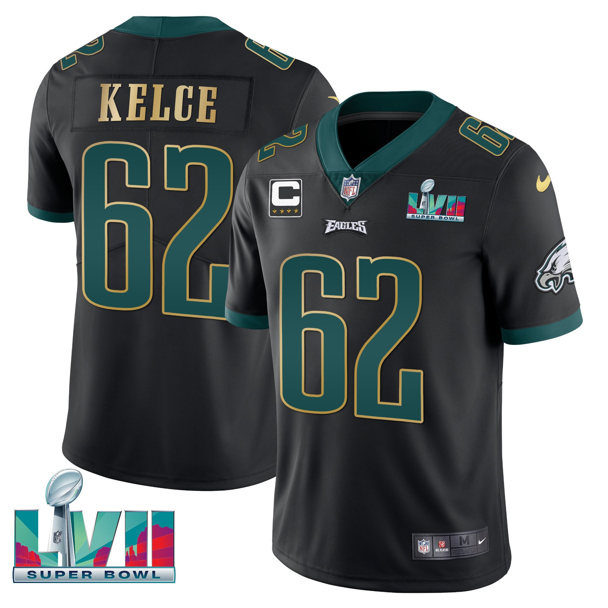Jason Kelce Youth's Philadelphia Eagles Super Bowl Patch Vapor Black Gold Trim Jersey - All Stitched