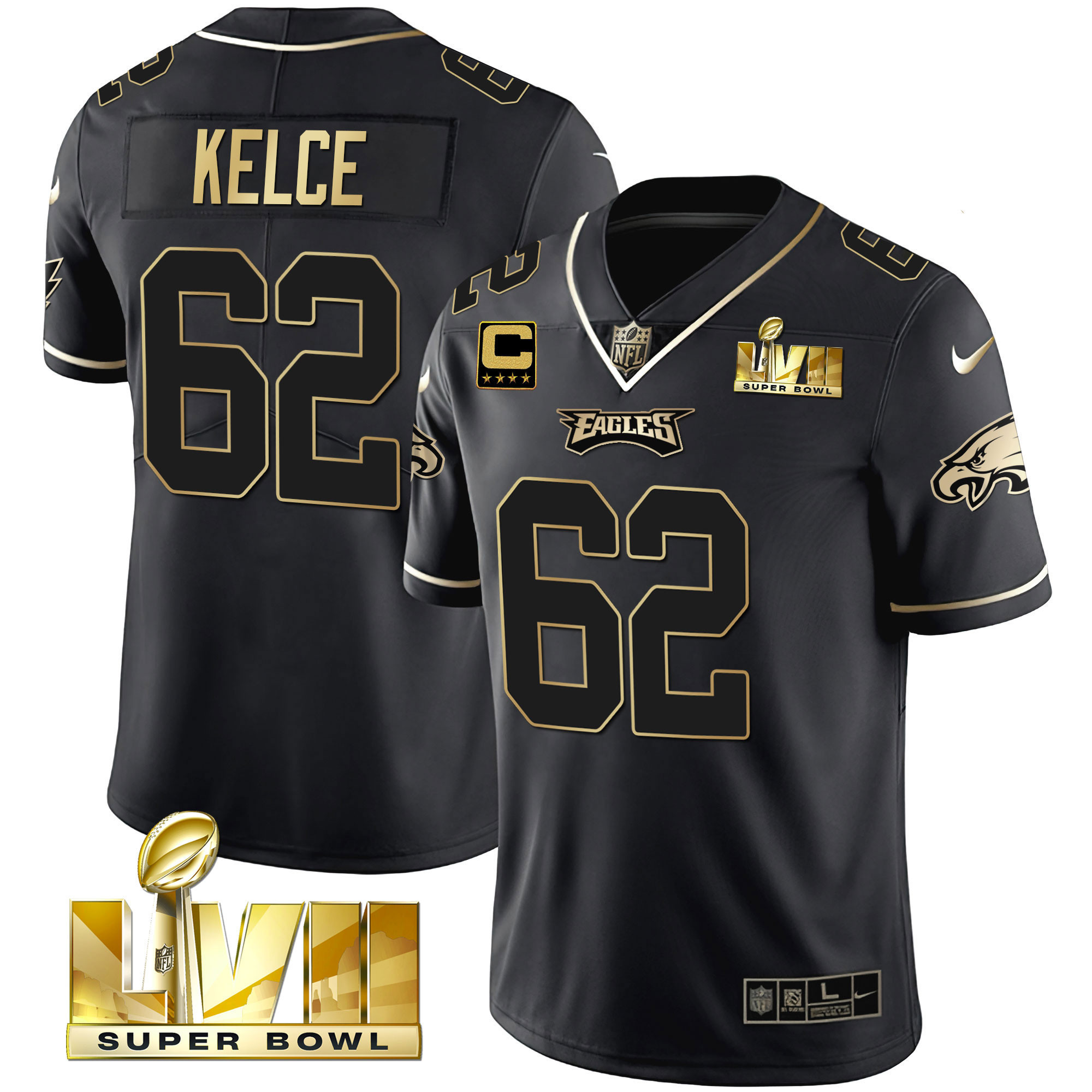 Jason Kelce Youth's Philadelphia Eagles Super Bowl Vapor Gold Black Gold Jersey - All Stitched