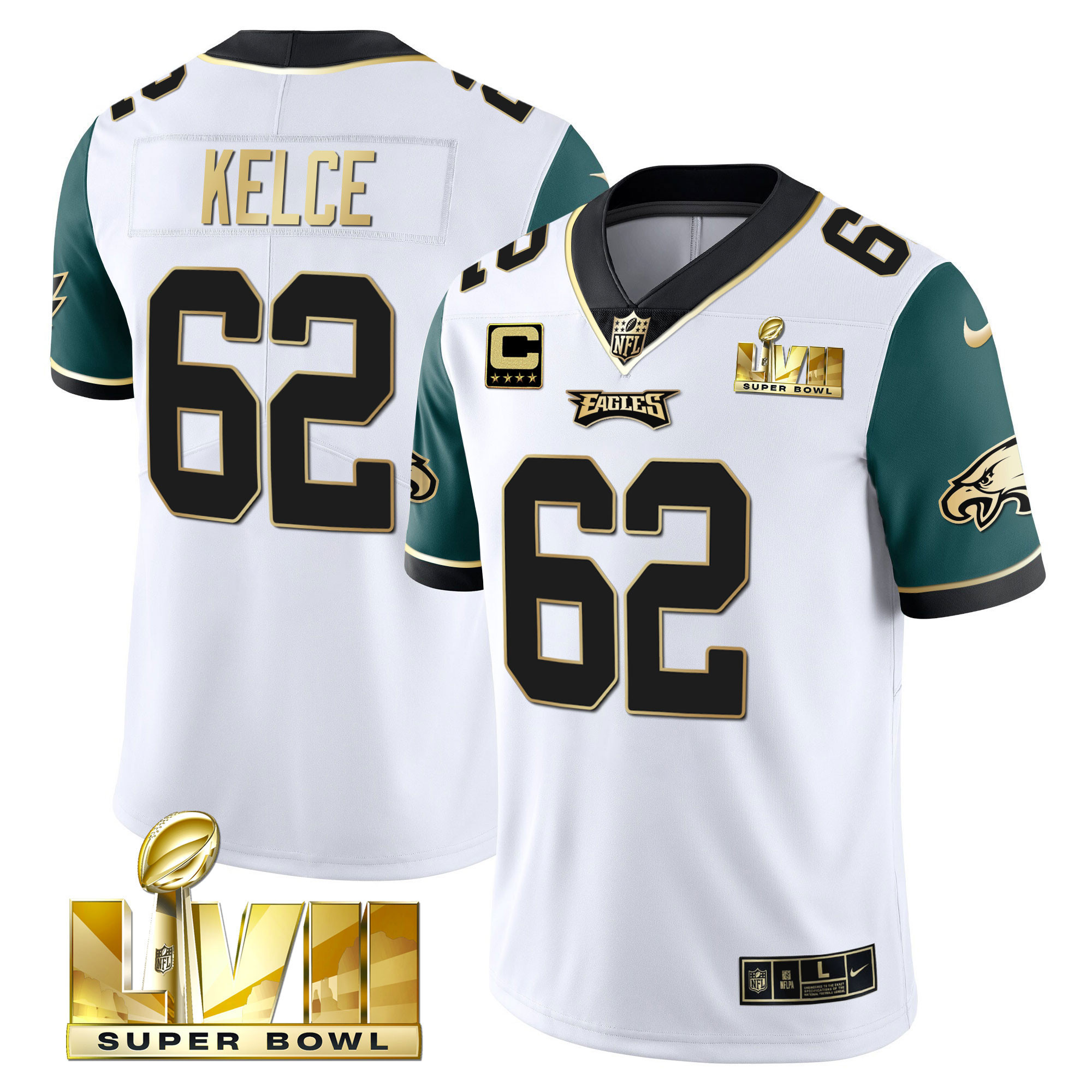 Jason Kelce Youth's Philadelphia Eagles Super Bowl Vapor Gold Midnight Green Sleeves Jersey - All Stitched