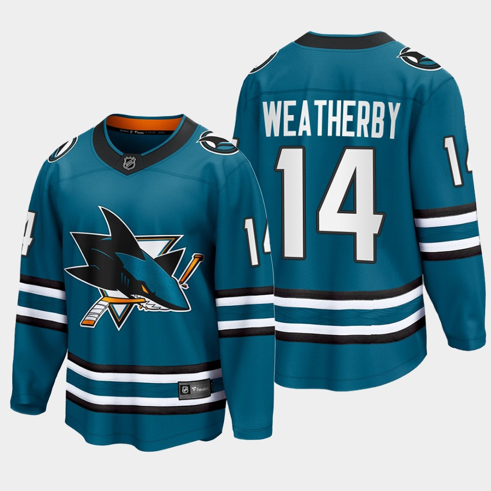 Jasper Weatherby 14 San Jose Sharks 2022-23 Home The Evolve Teal Stitched Jersey