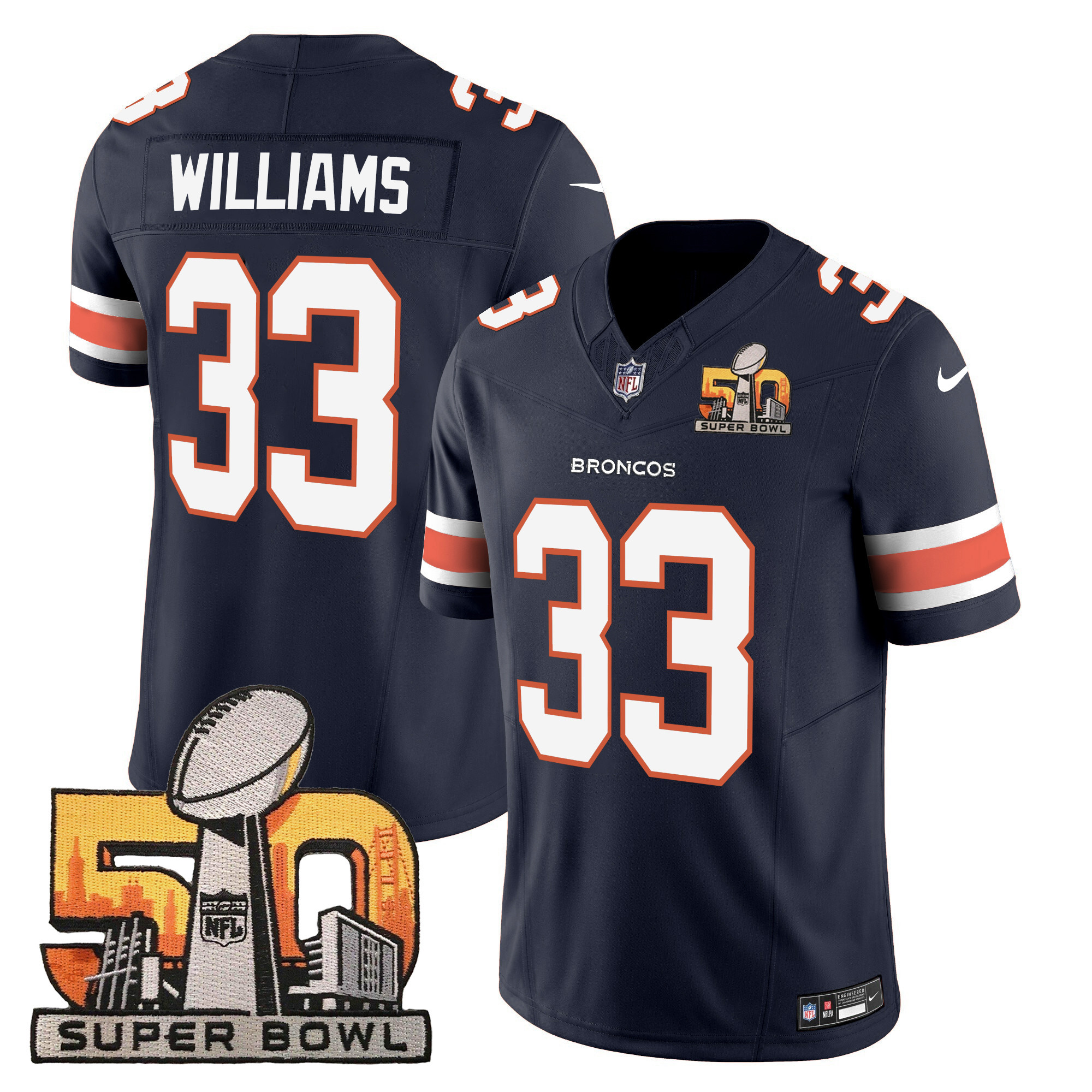 Javonte Williams Men's Denver Broncos Super Bowl 50 Patch Vapor Navy Jersey - All Stitched 