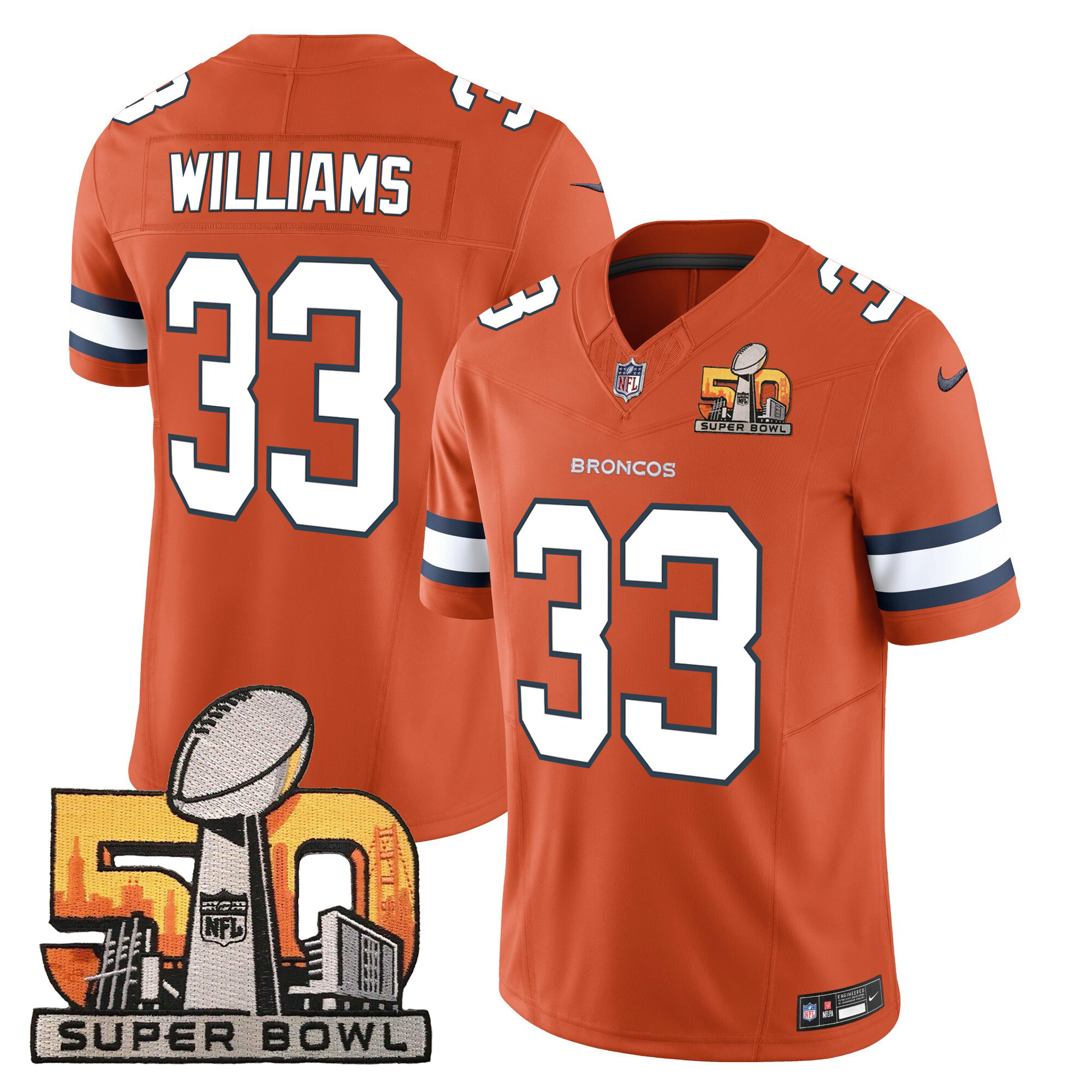 Javonte Williams Men's Denver Broncos Super Bowl 50 Patch Vapor Orange Jersey - All Stitched 
