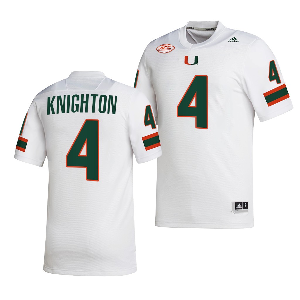Jaylan Knighton Miami Hurricanes #4 White Jersey 2022-23 College Men's NIL Uniform