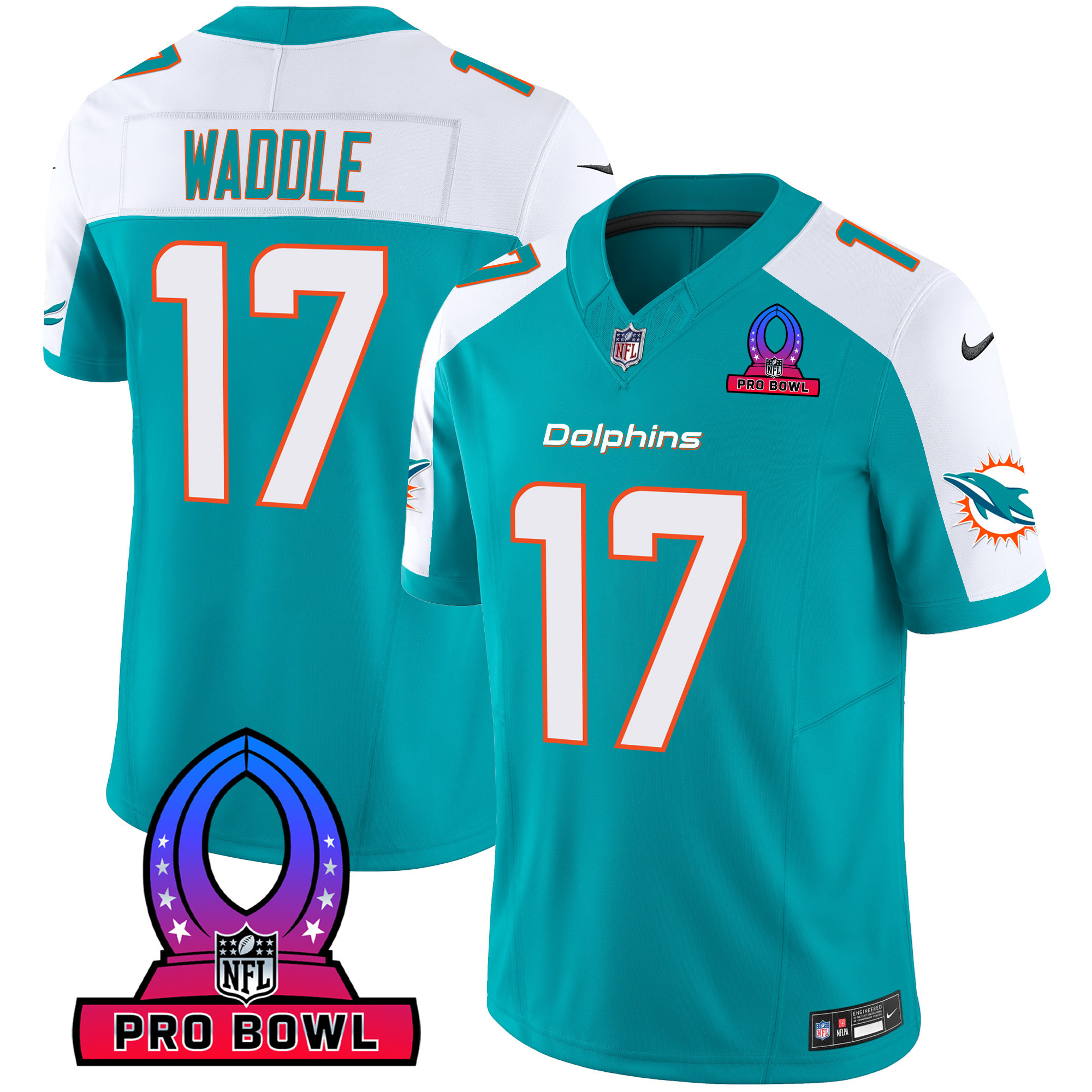 Jaylen Waddle Men's Miami Dolphins 2024 Pro Bowl Patch Vapor Aqua Alternate Jersey - All Stitched 