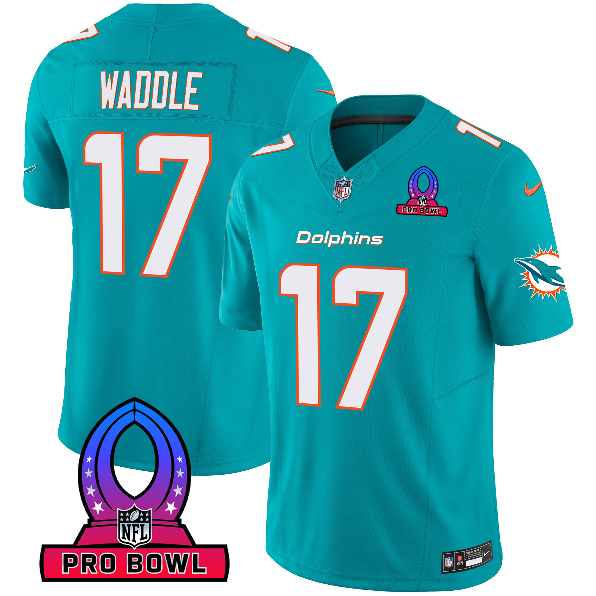 Jaylen Waddle Men's Miami Dolphins 2024 Pro Bowl Patch Vapor Aqua Jersey - All Stitched 