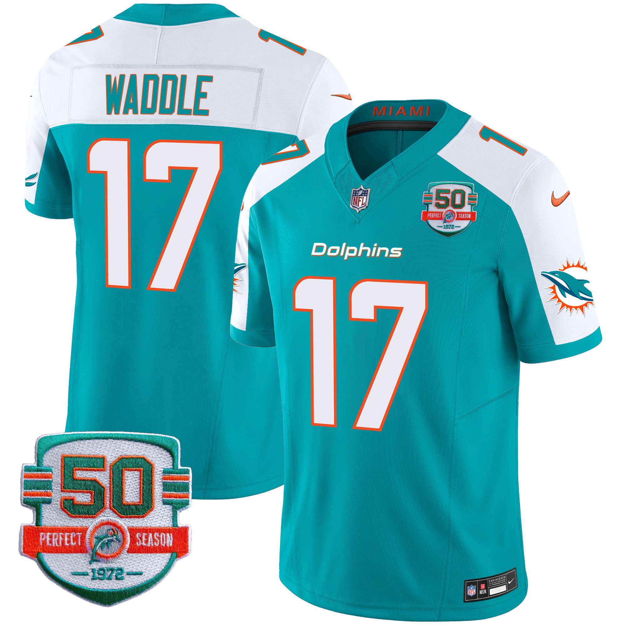 Jaylen Waddle Men's Miami Dolphins 50th 1972 Perfect Season Patch Vapor Aqua Alternate Jersey - All Stitched 