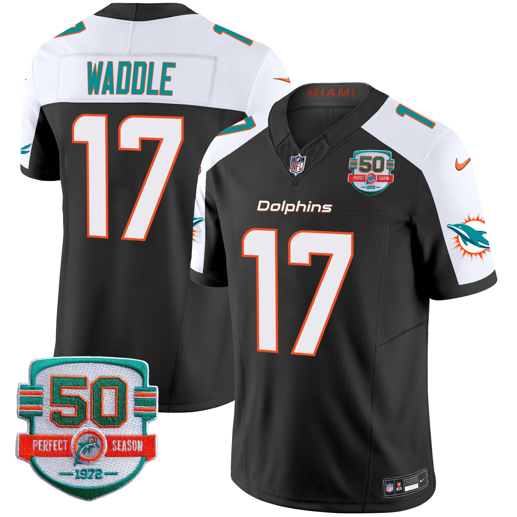 Jaylen Waddle Men's Miami Dolphins 50th 1972 Perfect Season Patch Vapor Black Alternate Jersey - All Stitched 