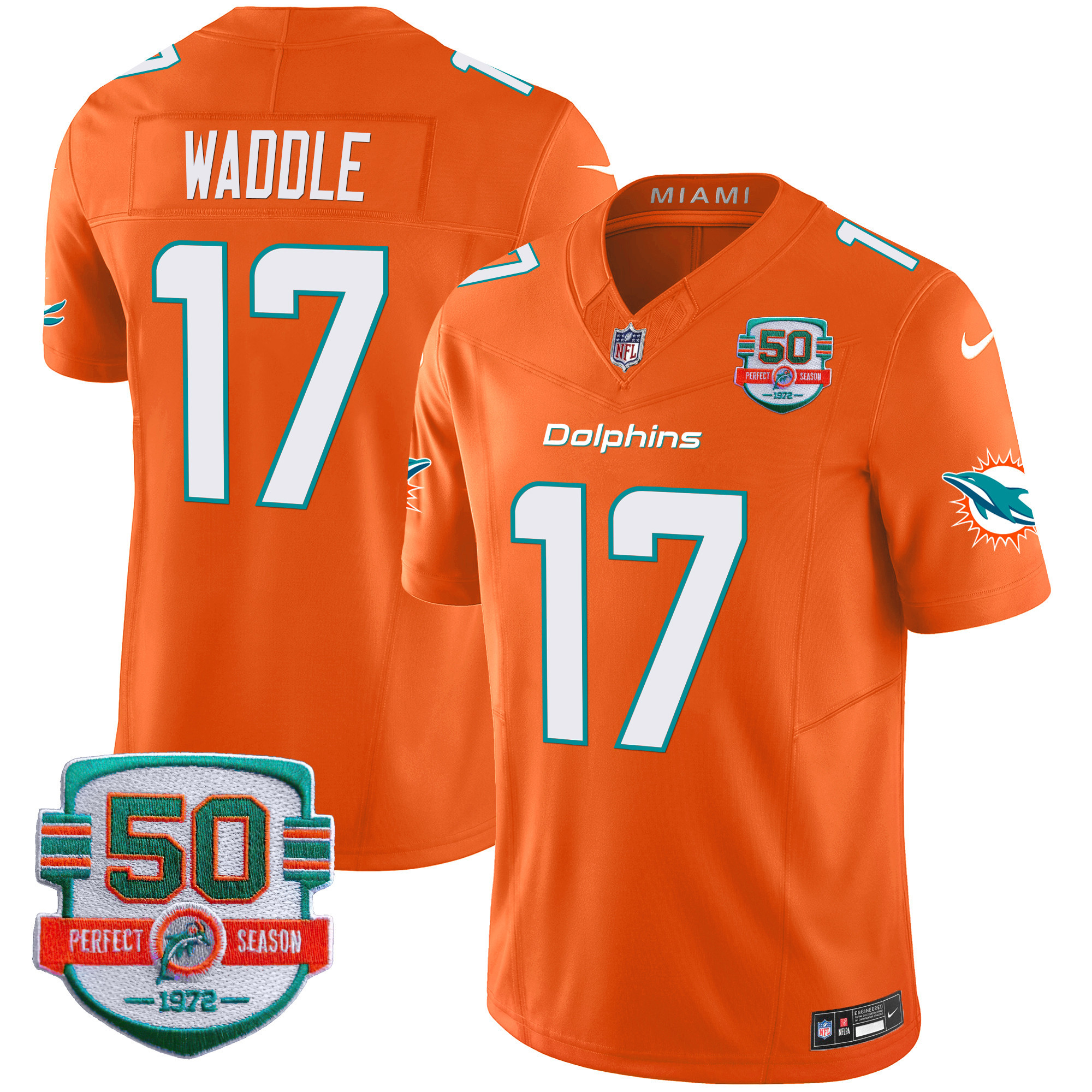 Jaylen Waddle Men's Miami Dolphins 50th 1972 Perfect Season Patch Vapor Orange Jersey - All Stitched 