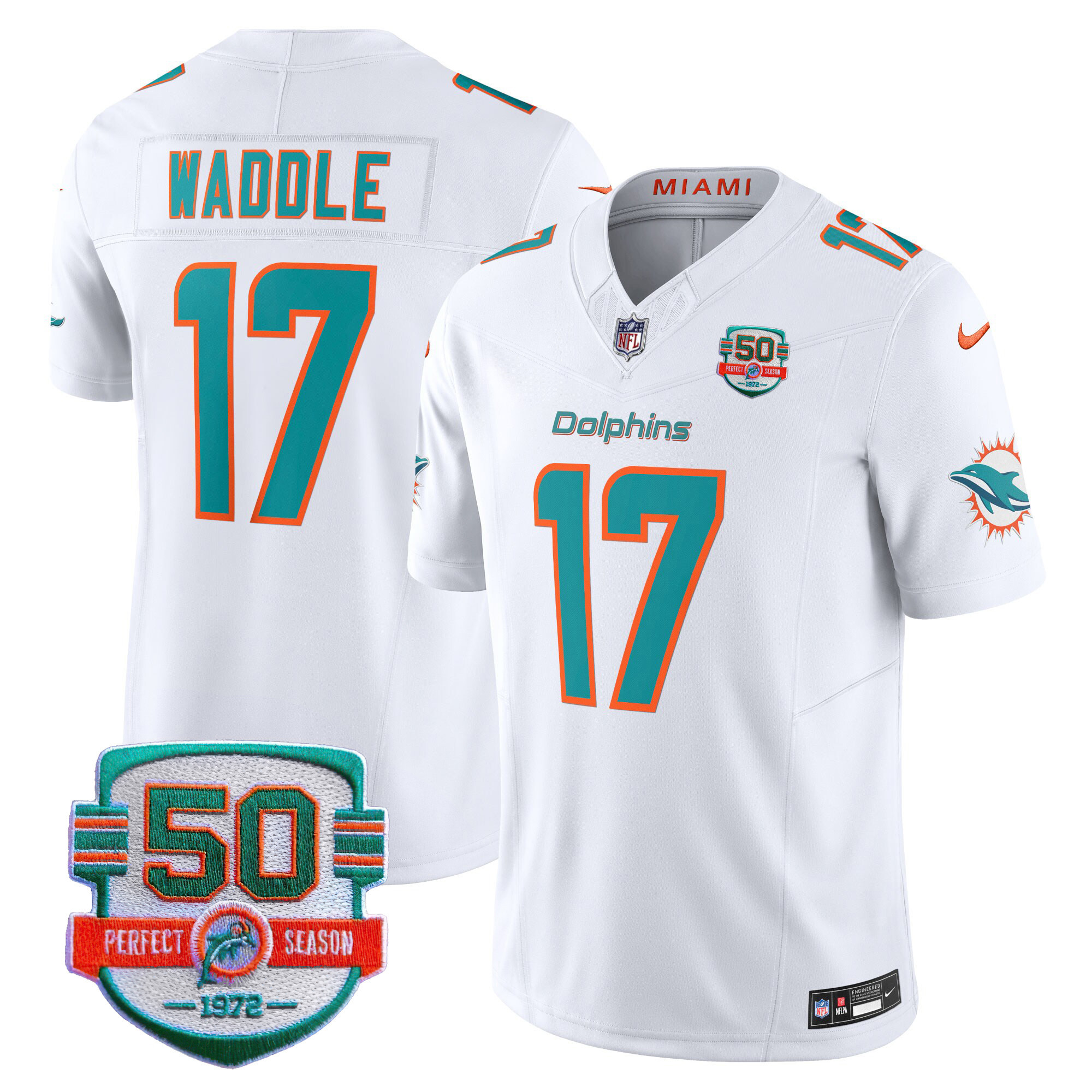 Jaylen Waddle Men's Miami Dolphins 50th 1972 Perfect Season Patch Vapor White Jersey - All Stitched 