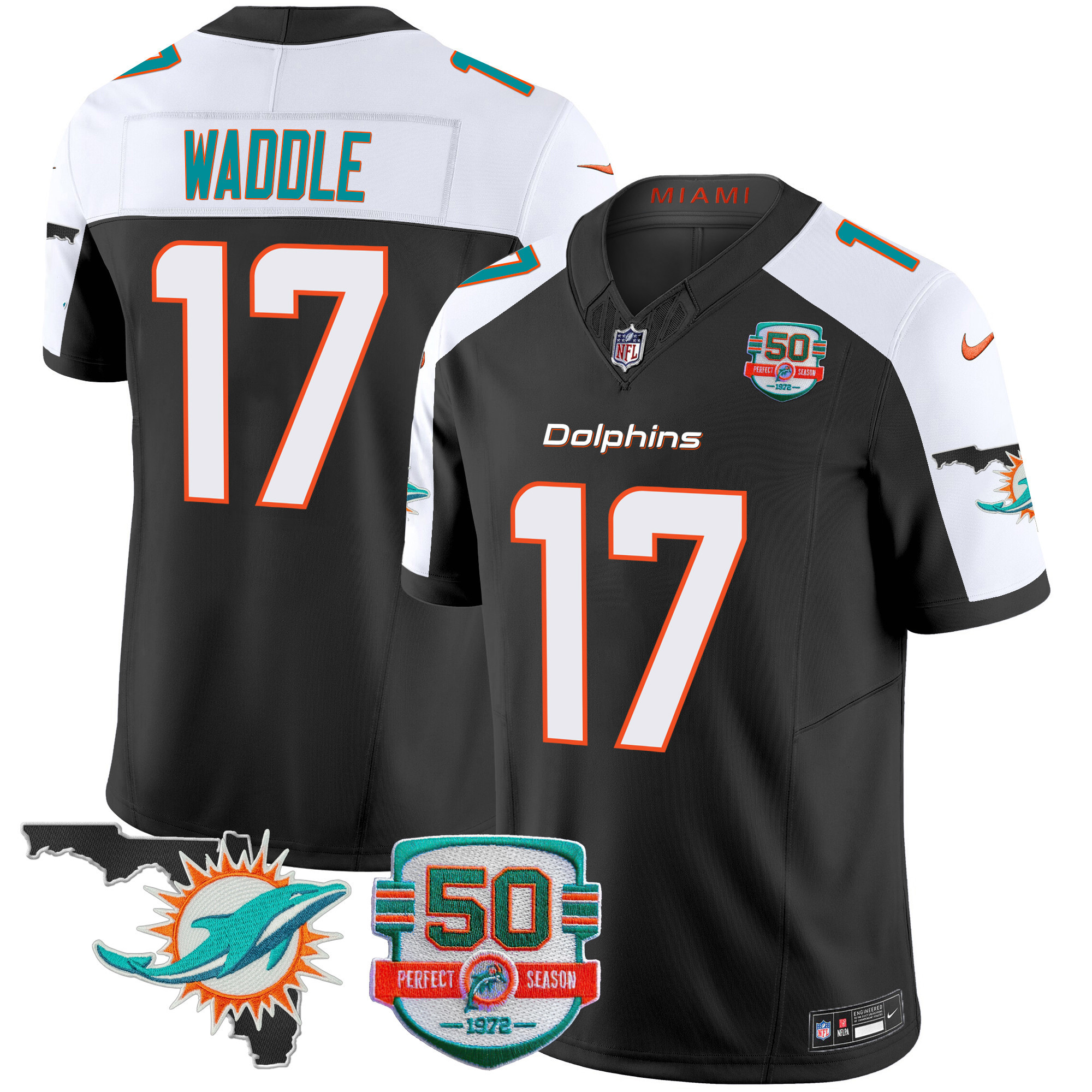 Jaylen Waddle Men's Miami Dolphins 50th Perfect Season & Florida Patch Vapor Black Alternate Jersey - All Stitched 