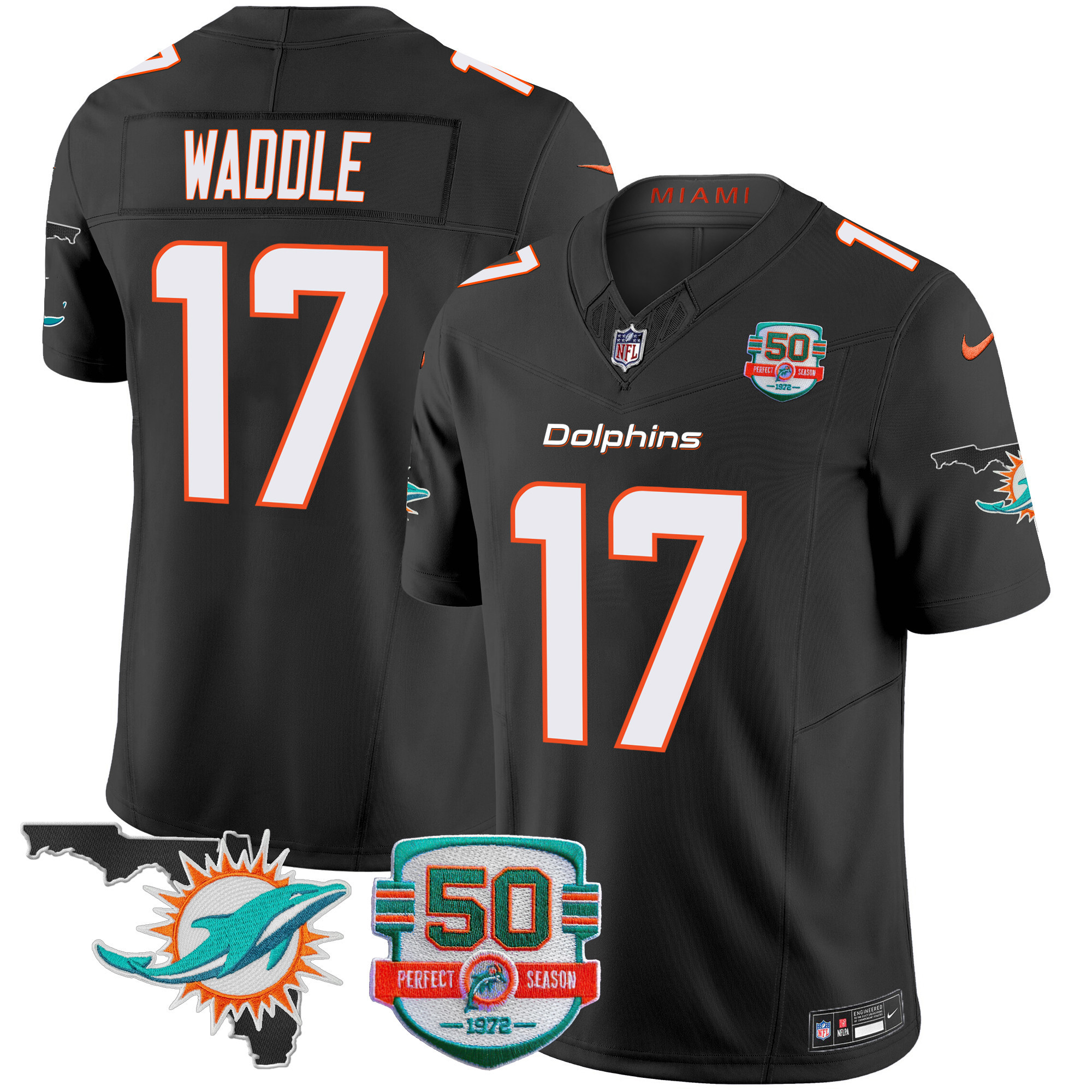Jaylen Waddle Men's Miami Dolphins 50th Perfect Season & Florida Patch Vapor Black Jersey - All Stitched 