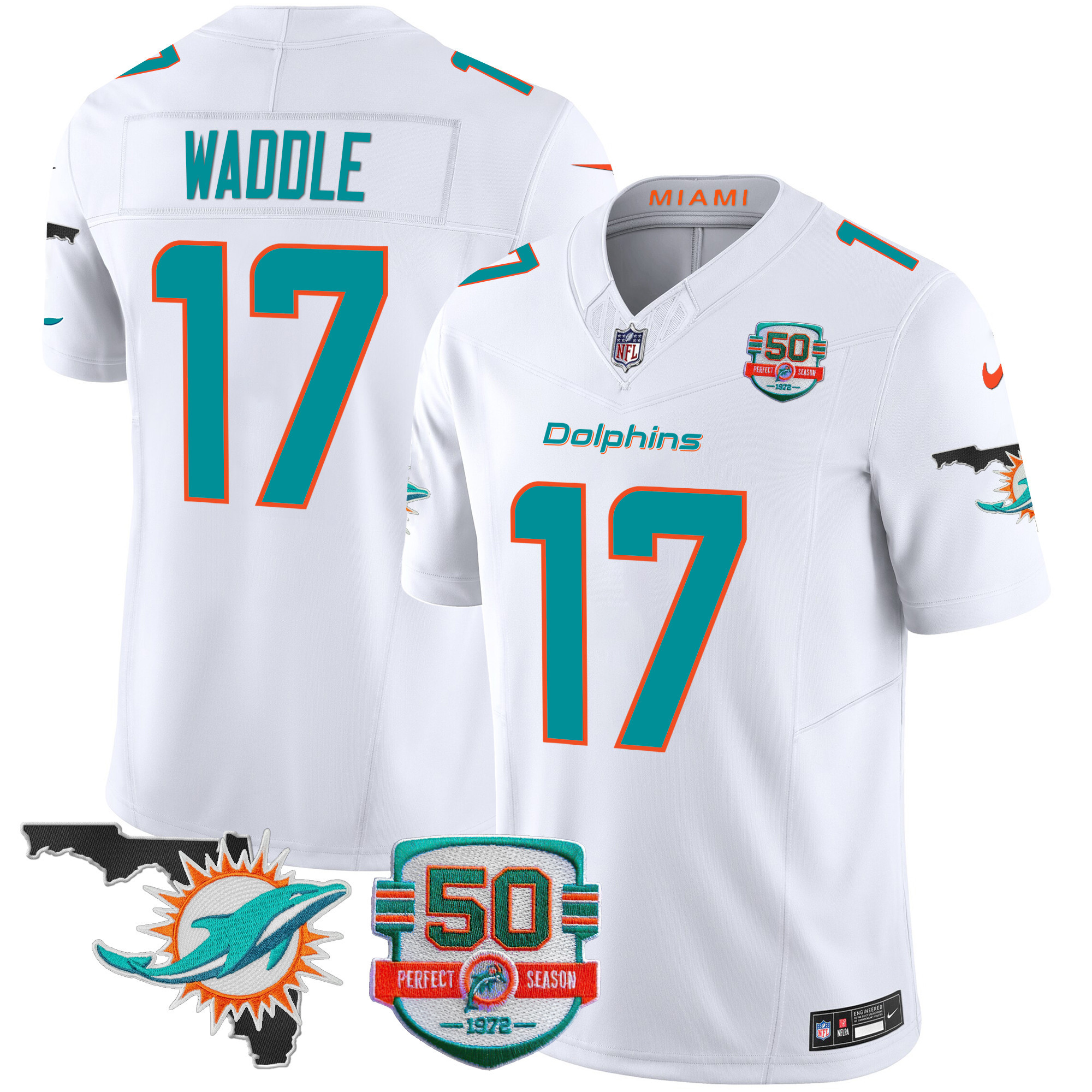 Jaylen Waddle Men's Miami Dolphins 50th Perfect Season & Florida Patch Vapor White Jersey - All Stitched 