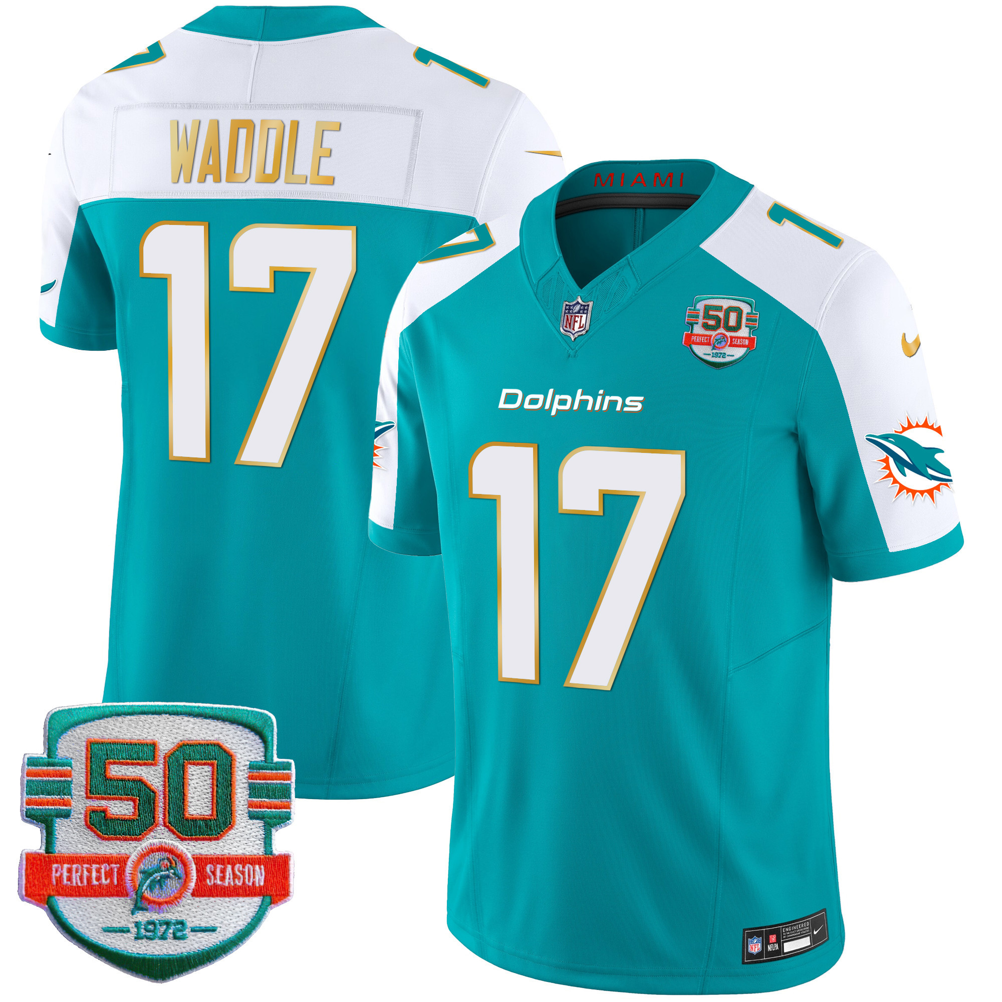 Jaylen Waddle Men's Miami Dolphins Gold Trim Vapor Limited Aqua Alternate Jersey - All Stitched 