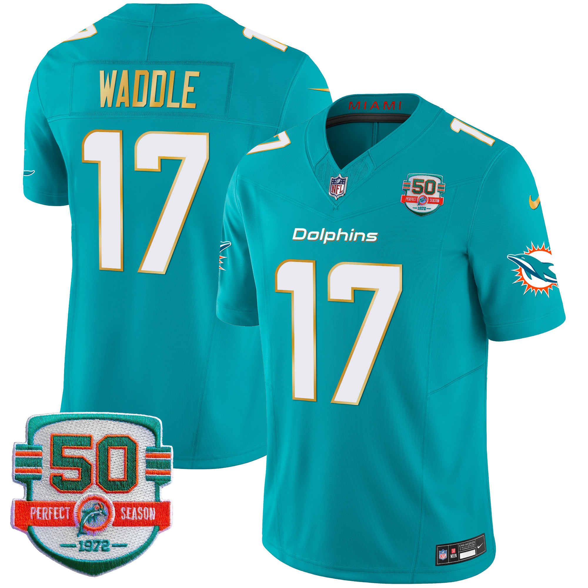 Jaylen Waddle Men's Miami Dolphins Gold Trim Vapor Limited Aqua Jersey - All Stitched 