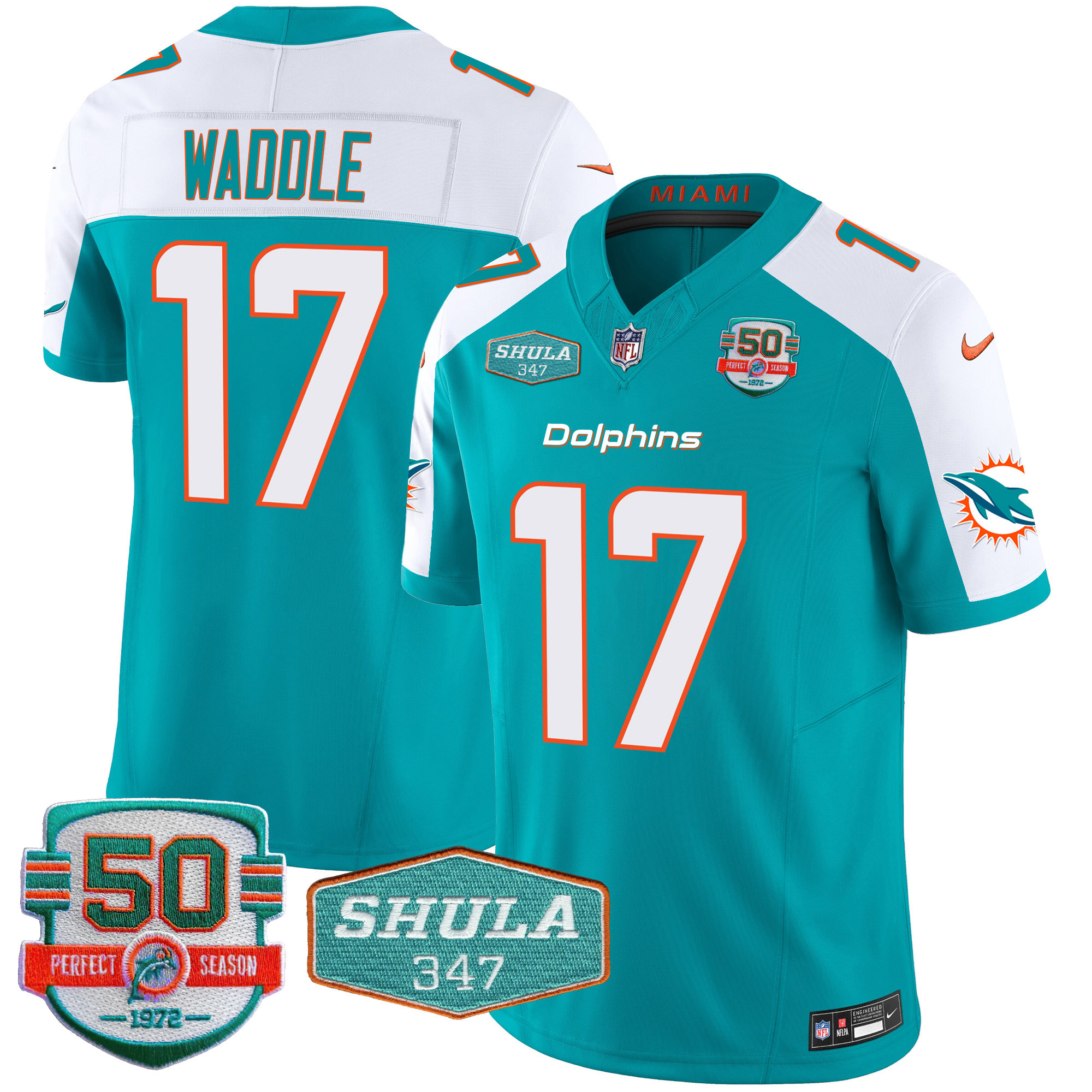 Jaylen Waddle Men's Miami Dolphins Shula 347 Patch Vapor Aqua Alternate Jersey - All Stitched 