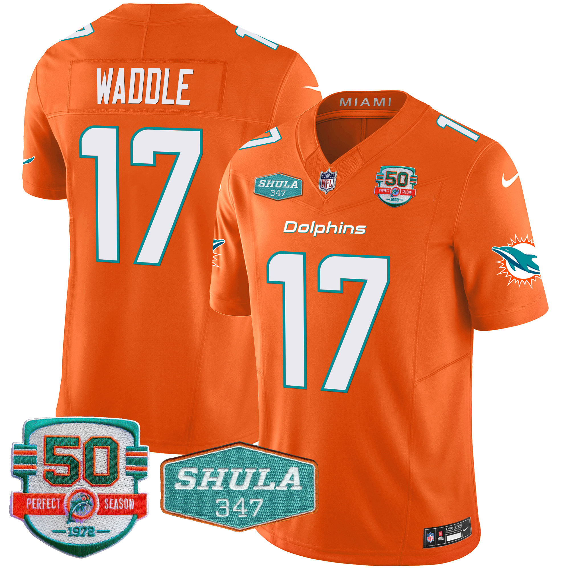 Jaylen Waddle Men's Miami Dolphins Shula 347 Patch Vapor Orange Jersey - All Stitched 