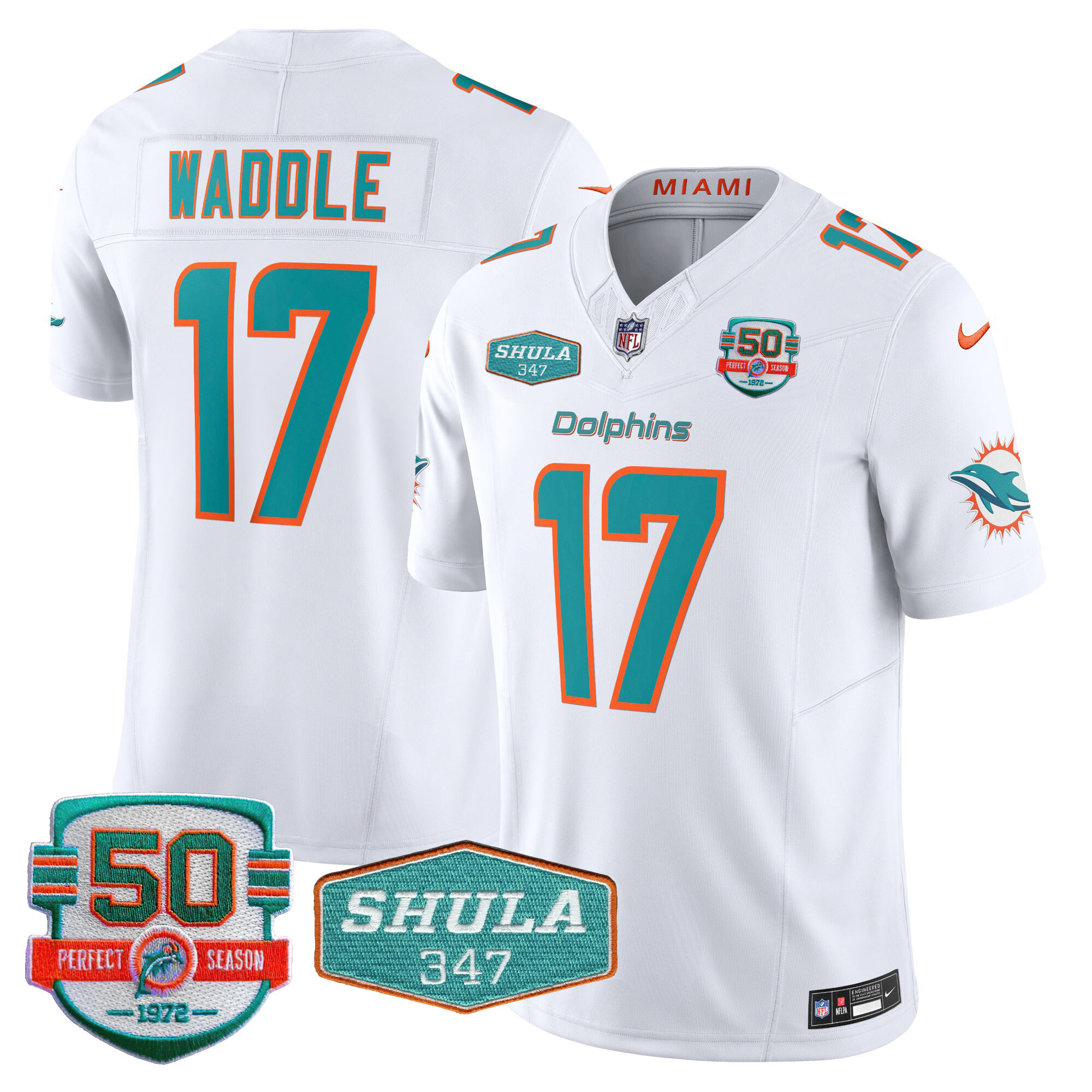 Jaylen Waddle Men's Miami Dolphins Shula 347 Patch Vapor White Jersey - All Stitched 