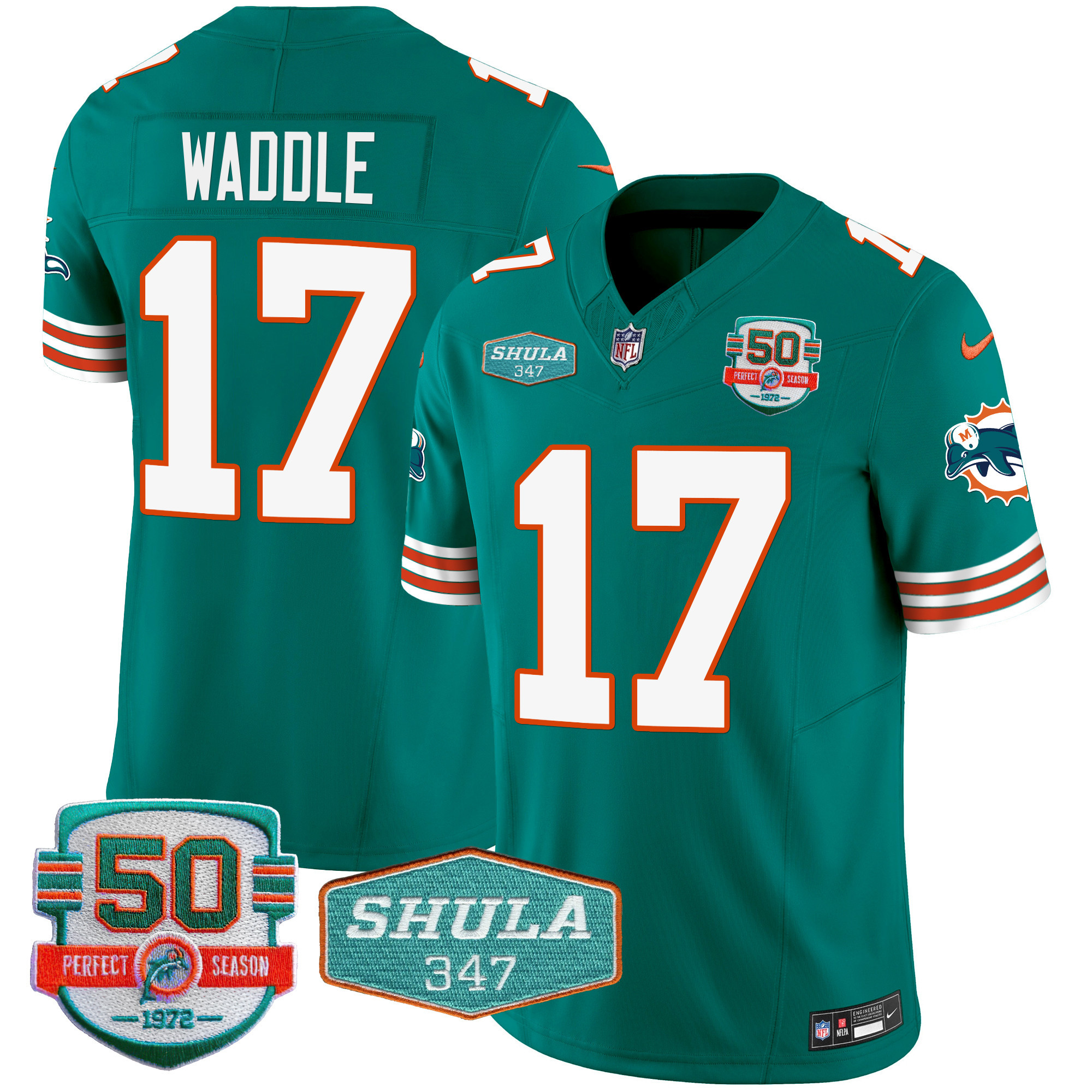 Jaylen Waddle Men's Miami Dolphins Throwback Shula 347 Patch Vapor Aqua Jersey - All Stitched 