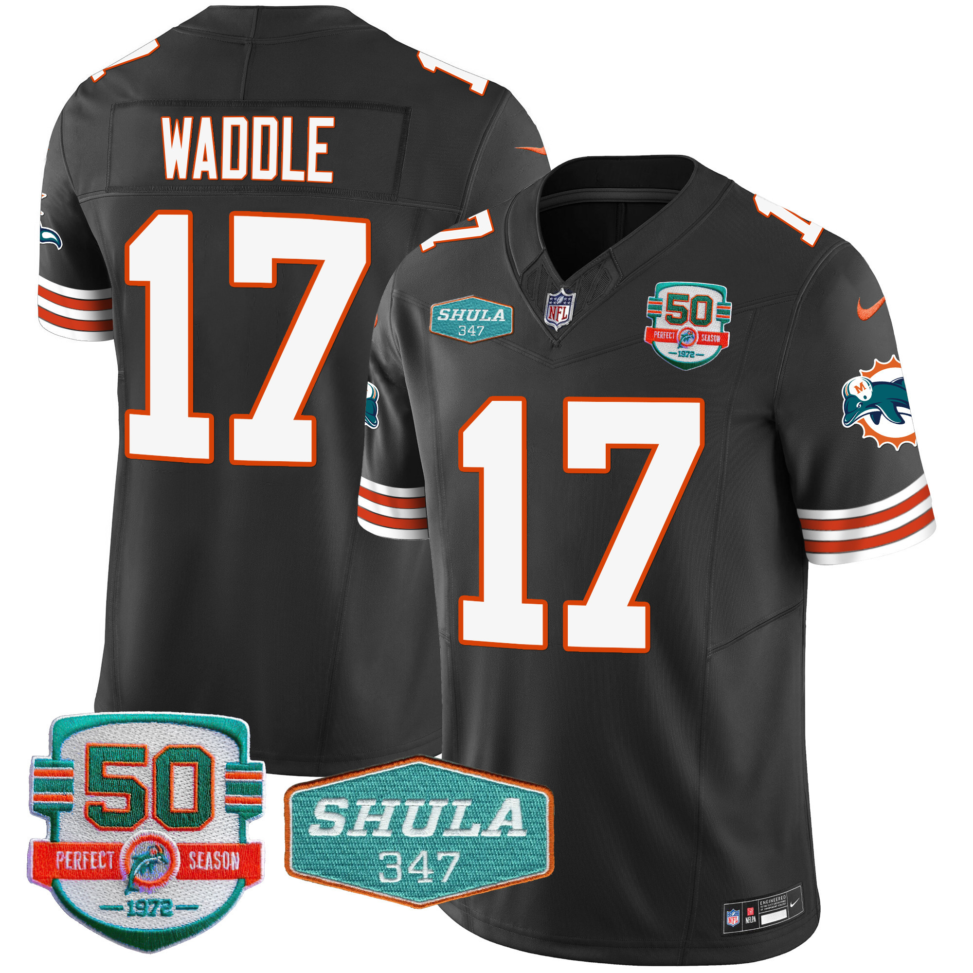 Jaylen Waddle Men's Miami Dolphins Throwback Shula 347 Patch Vapor Black Jersey - All Stitched 