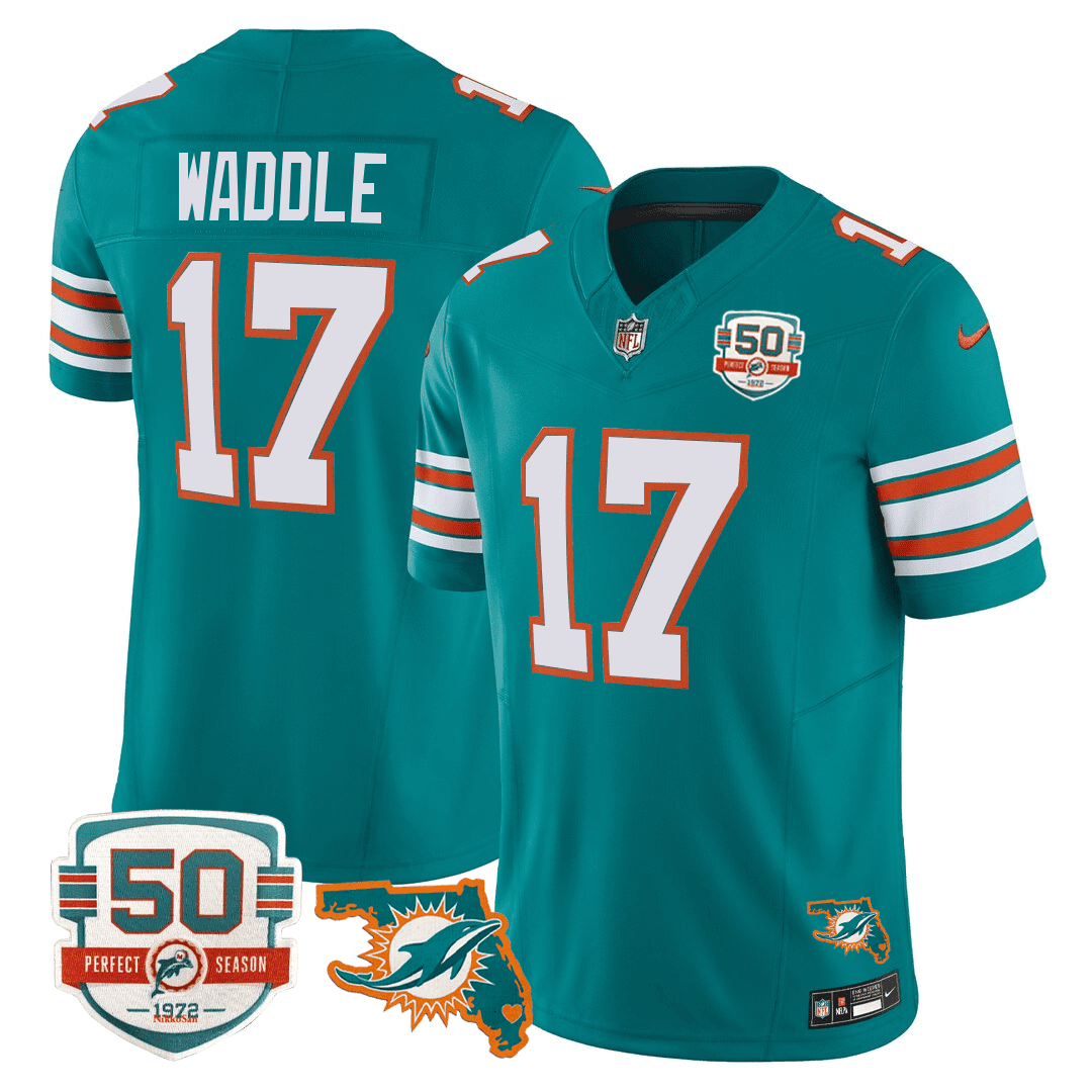 Jaylen Waddle Men's Miami DolphinsThrowback 50th Perfect Season & Florida Patch Vapor Aqua Jersey - All Stitched 