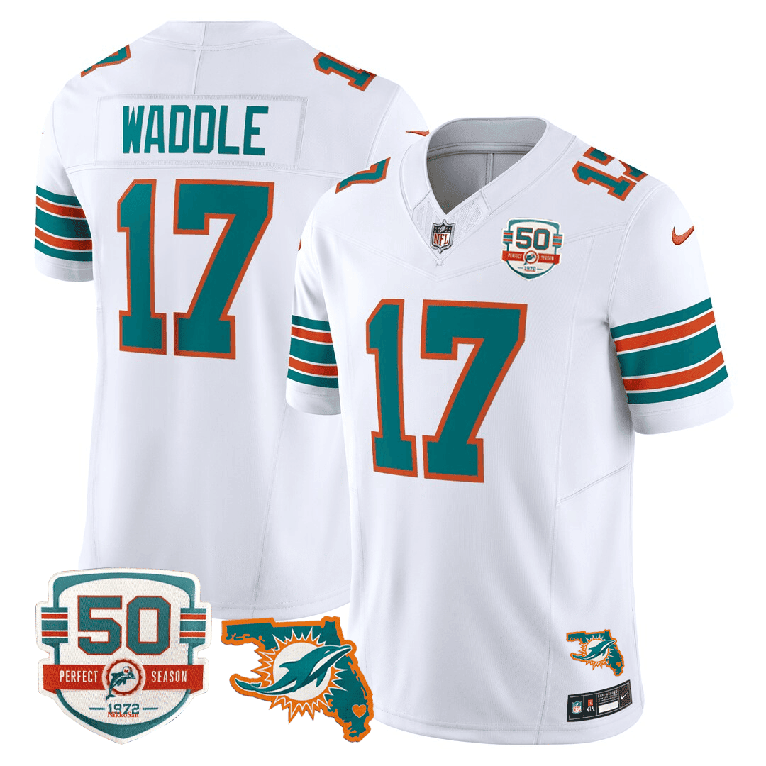 Jaylen Waddle Men's Miami DolphinsThrowback 50th Perfect Season & Florida Patch Vapor White Jersey - All Stitched 