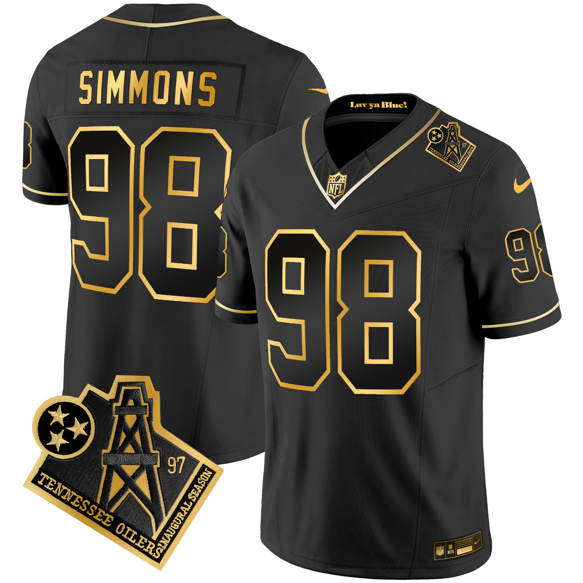 Jeffery Simmons Men's Tennessee Titans 1997 Throwback Gold Vapor Black Gold Jersey - All Stitched 