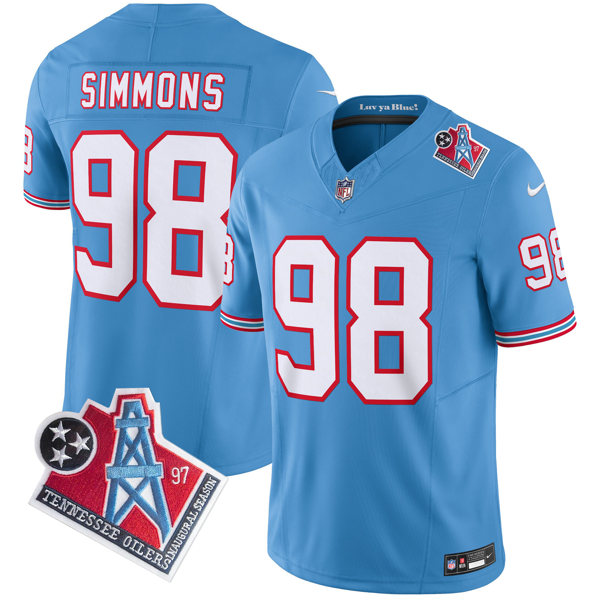 Jeffery Simmons Men's Tennessee Titans 1997 Throwback Limited Vapor Light Blue Jersey - All Stitched 