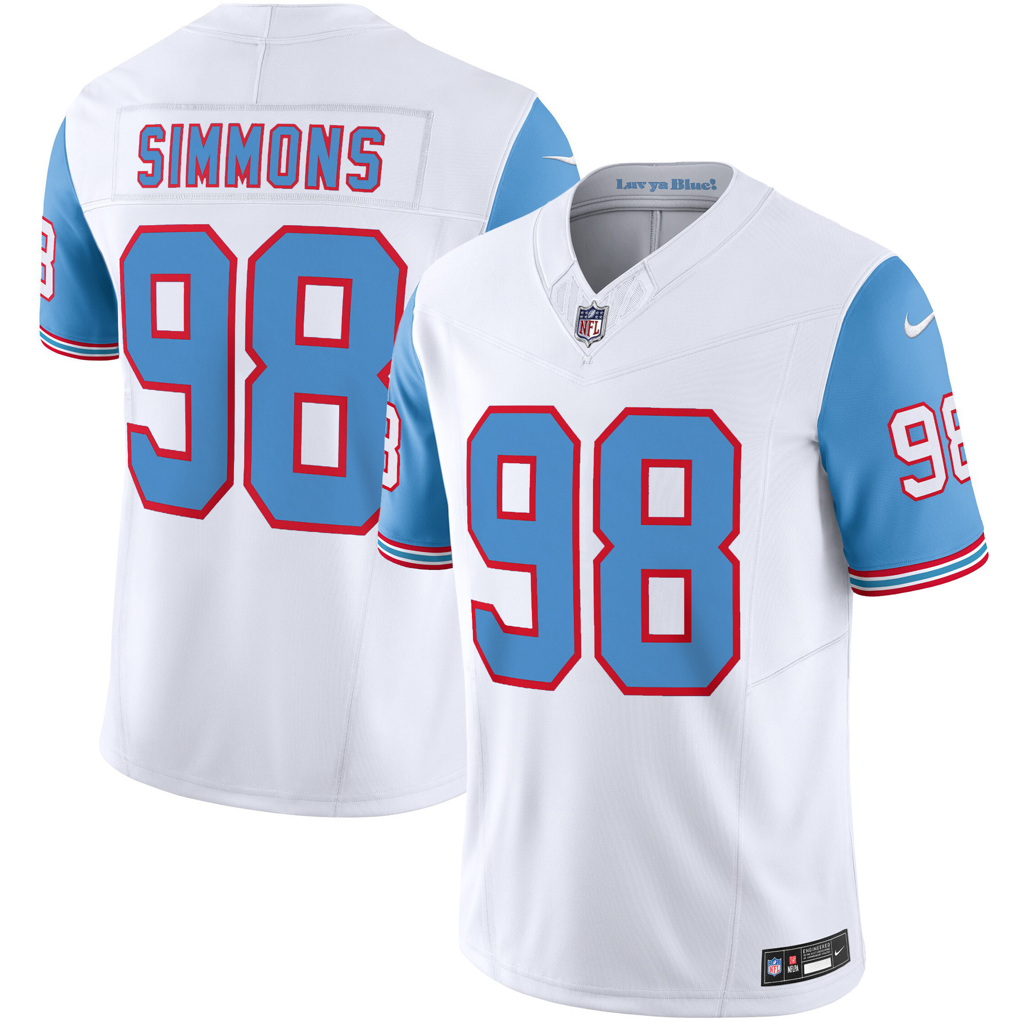 Jeffery Simmons Men's Tennessee Titans Throwback Limited Vapor Blue Sleeves Jersey - All Stitched 