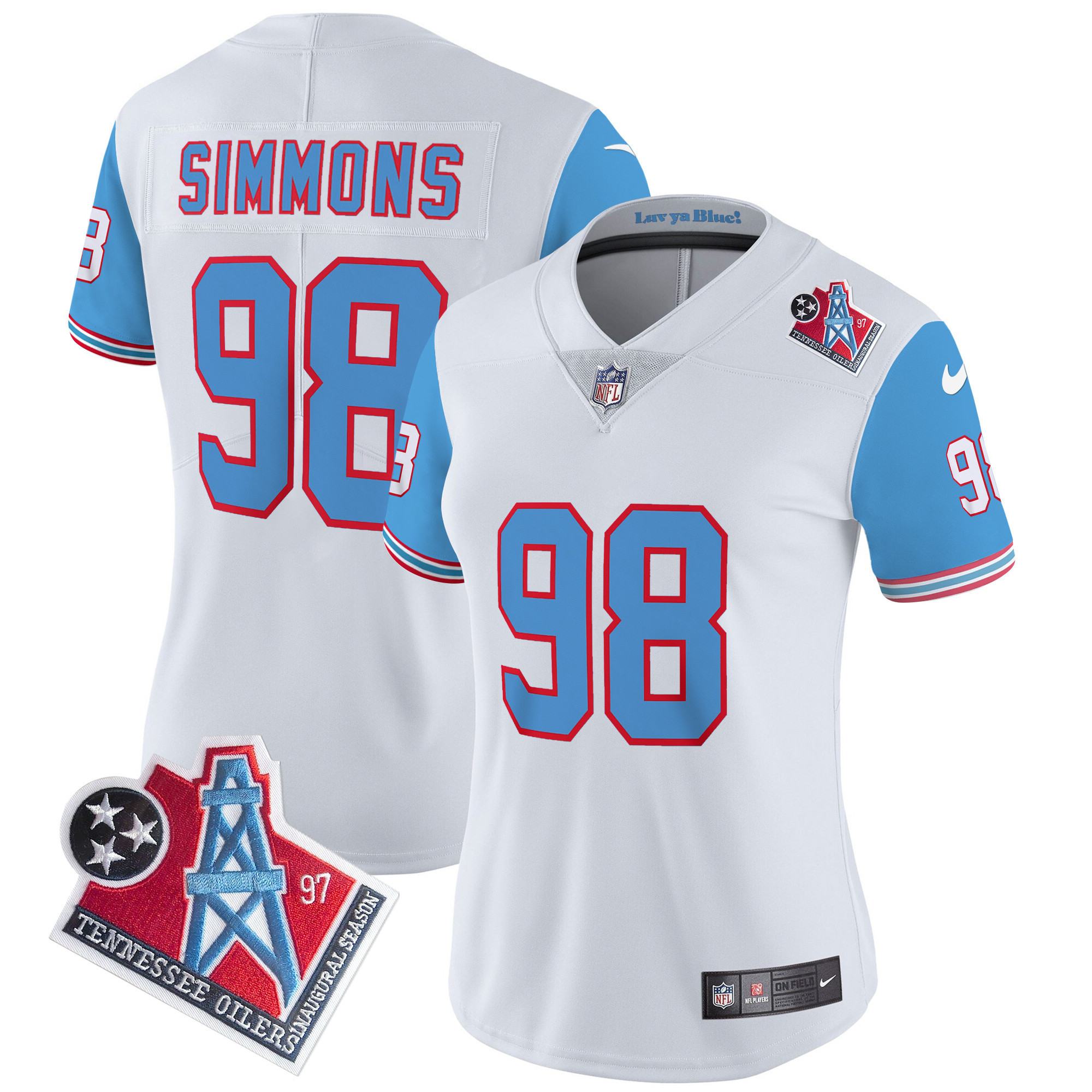 Jeffery Simmons Women's Tennessee Titans 1997 Throwback Limited Vapor Blue Sleeves Jersey - All Stitched 
