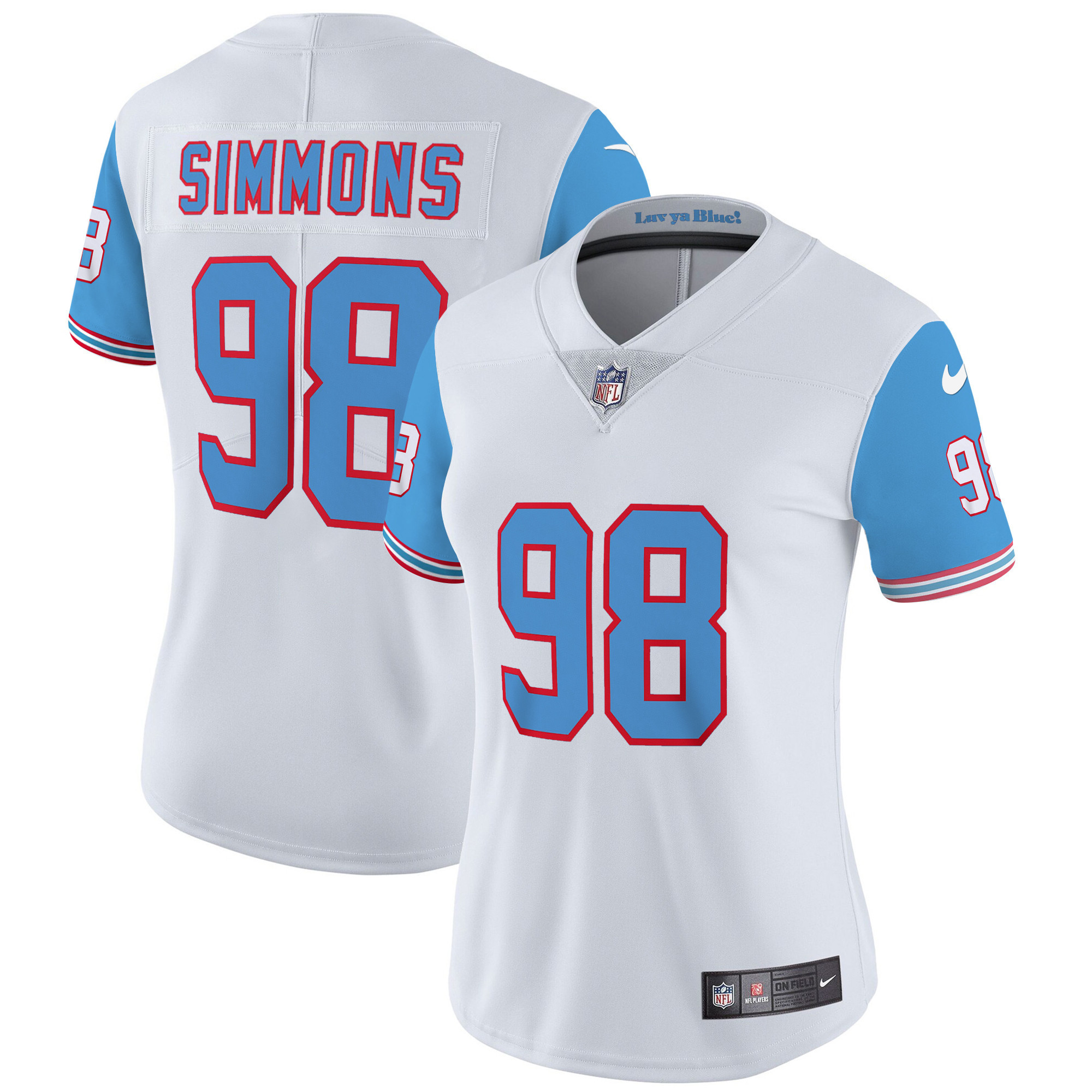 Jeffery Simmons Women's Tennessee Titans Throwback Limited Vapor Blue Sleeves Jersey - All Stitched 