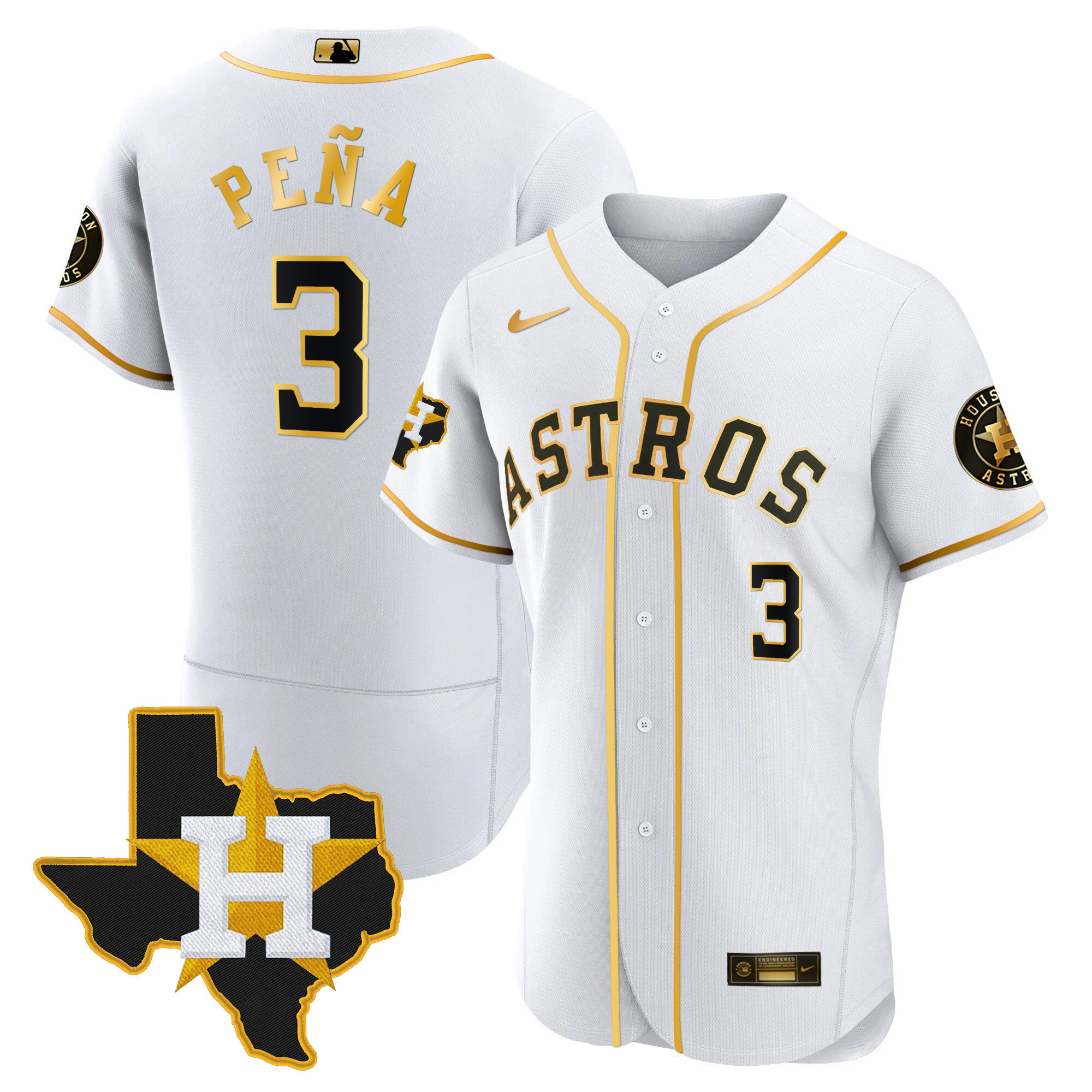 Jeremy Peña Men's Houston Astros 2024 Gold - Texas Patch Flex White Jersey - All Stitched