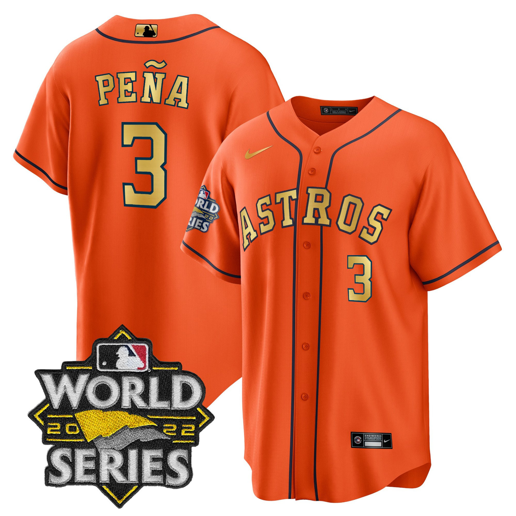 Jeremy Pena Houston Astros 2023 World Series Orange Gold Jersey - All Stitched