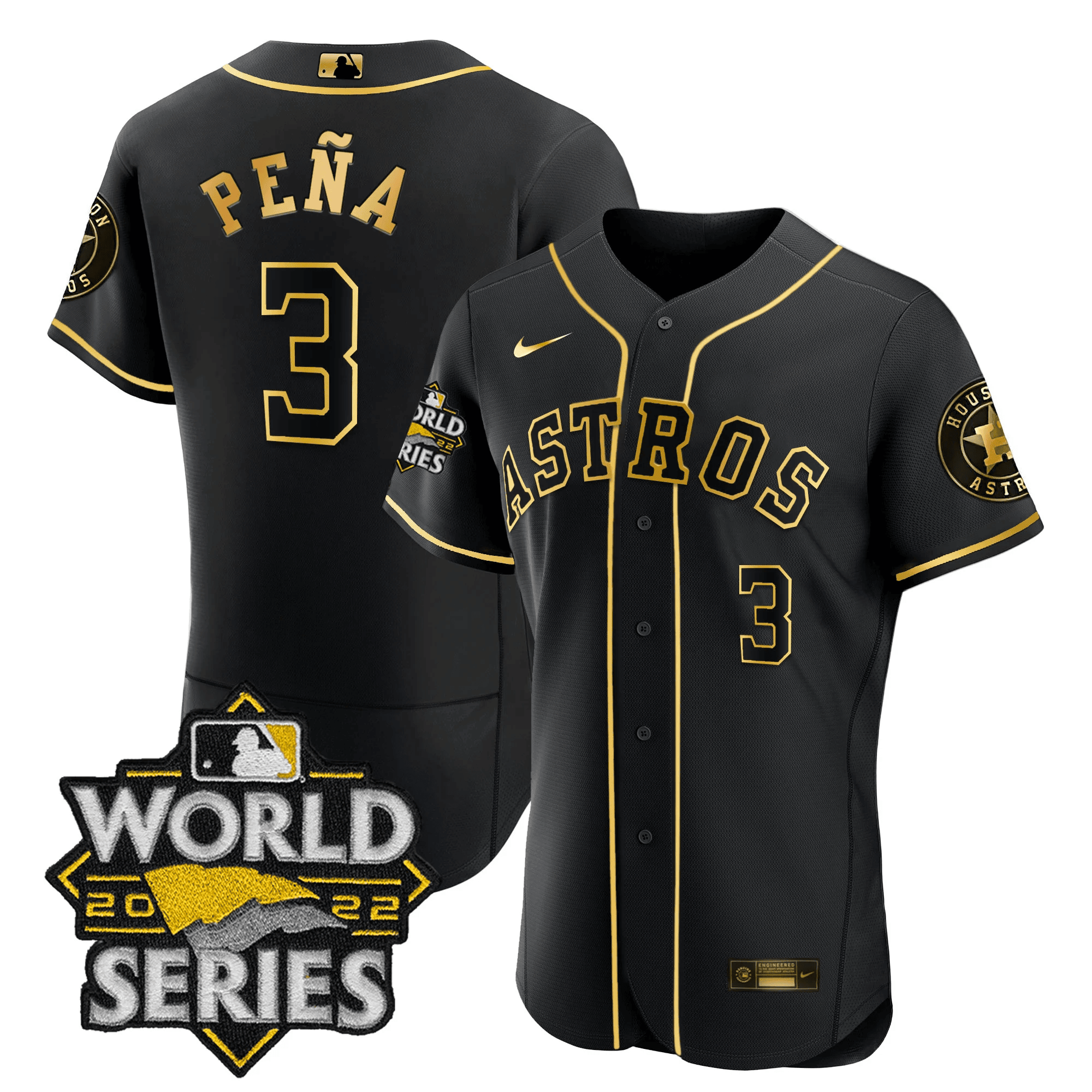 Jeremy Pena Men's Houston Astros 2022 World Series Gold Limited Flex Black Jersey - All Stitched
